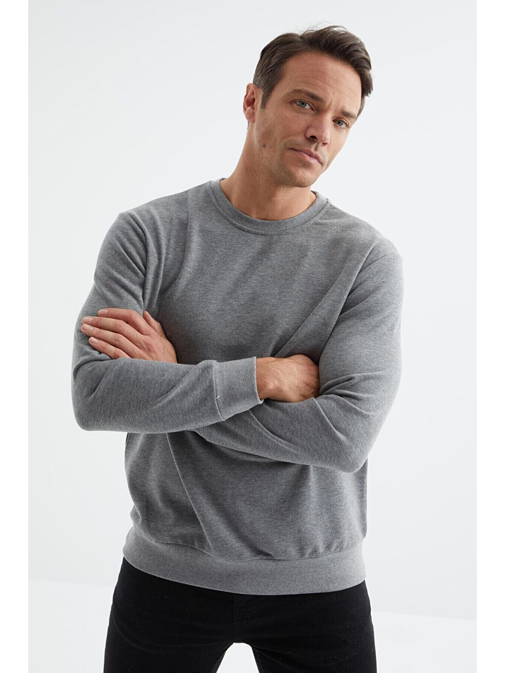 TOMMYLIFE Gri Melanj Basic Bisiklet Yaka Rahat Form Erkek Sweatshirt - 88053 - 2