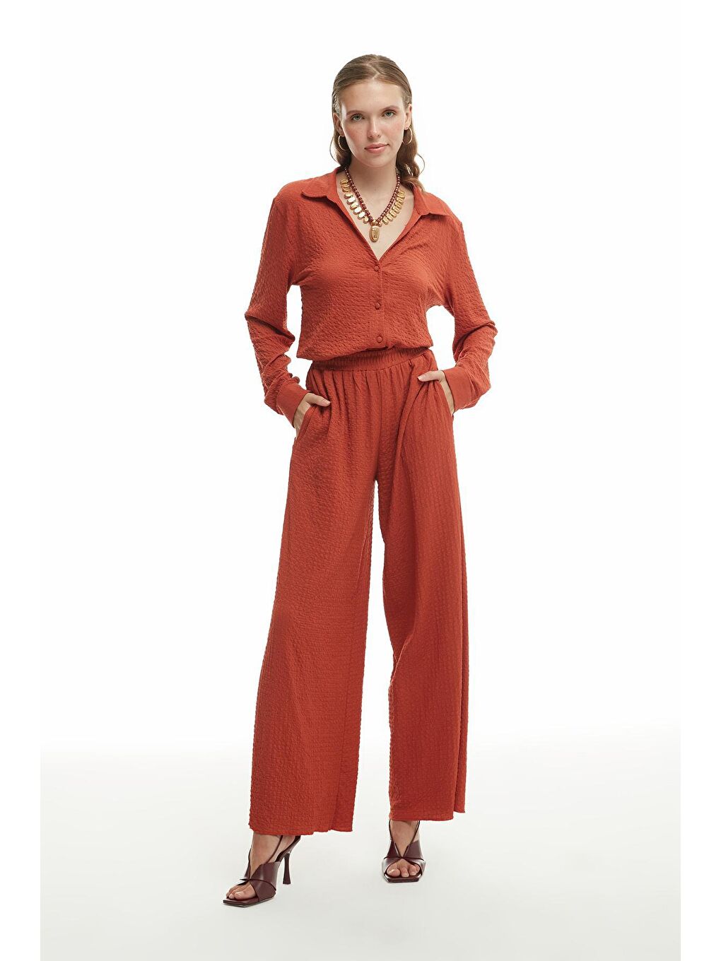 Kahverengi Beli Lastikli Dokulu Pantolon Kiremit-1