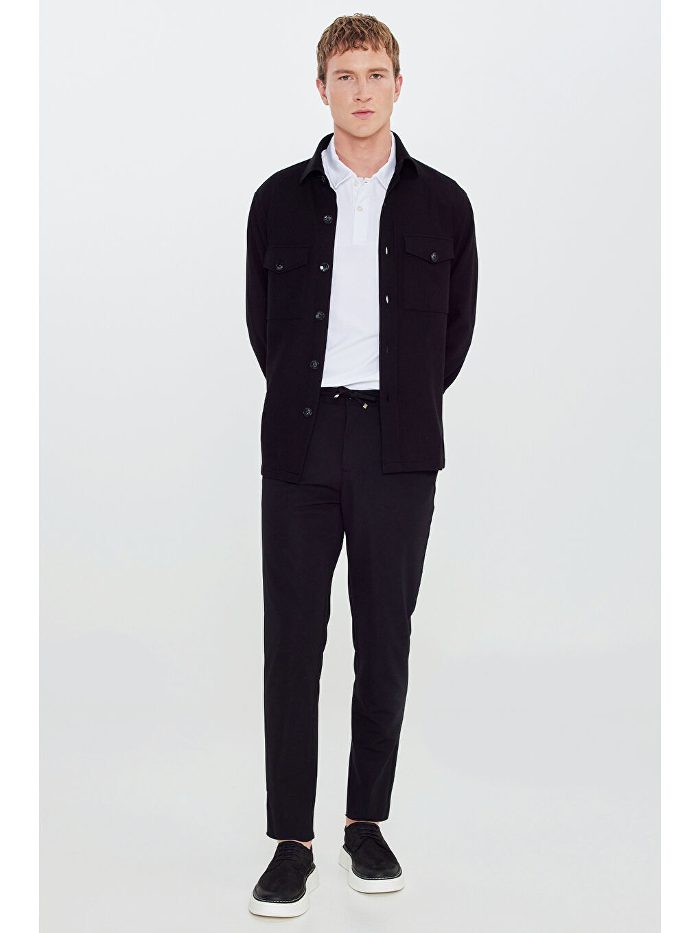 Erkek Siyah Slim Fit Dar Kesim Beli Bağlamalı Yan Cepli Casual Jogger Pantolon