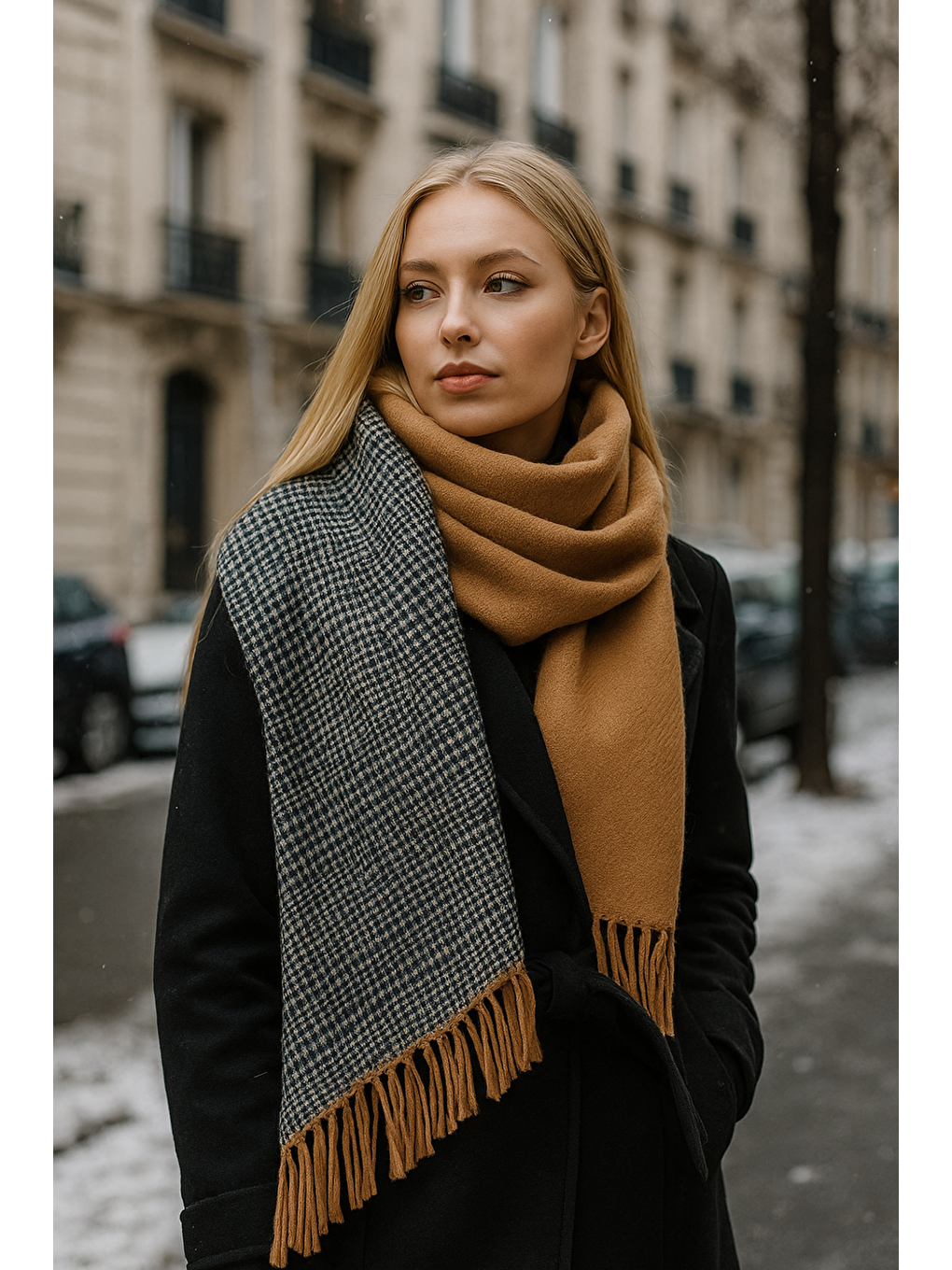 Kahverengi Kadın Camel Çift Taraflı Kazayağı Desenli Atkı - Şal 70x185 Cm Sal1212