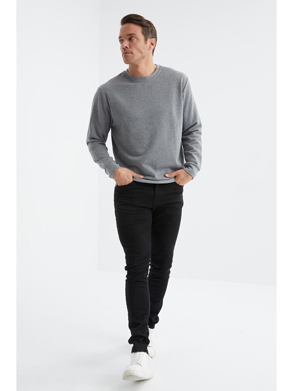 TOMMYLIFE Gri Melanj Basic Bisiklet Yaka Rahat Form Erkek Sweatshirt - 88053 - 3