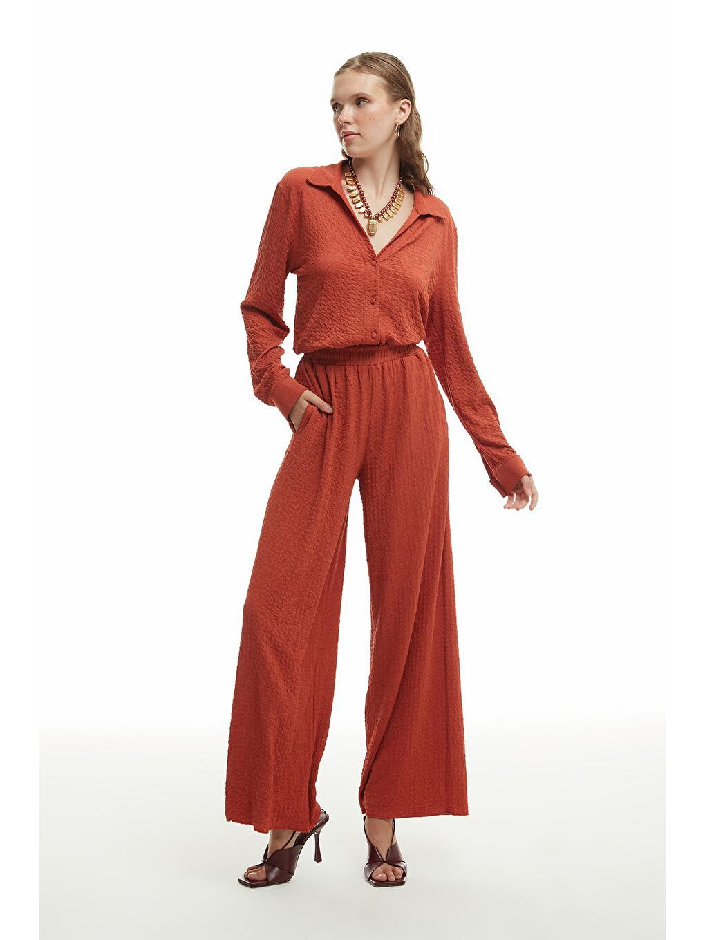 Kahverengi Beli Lastikli Dokulu Pantolon Kiremit-3