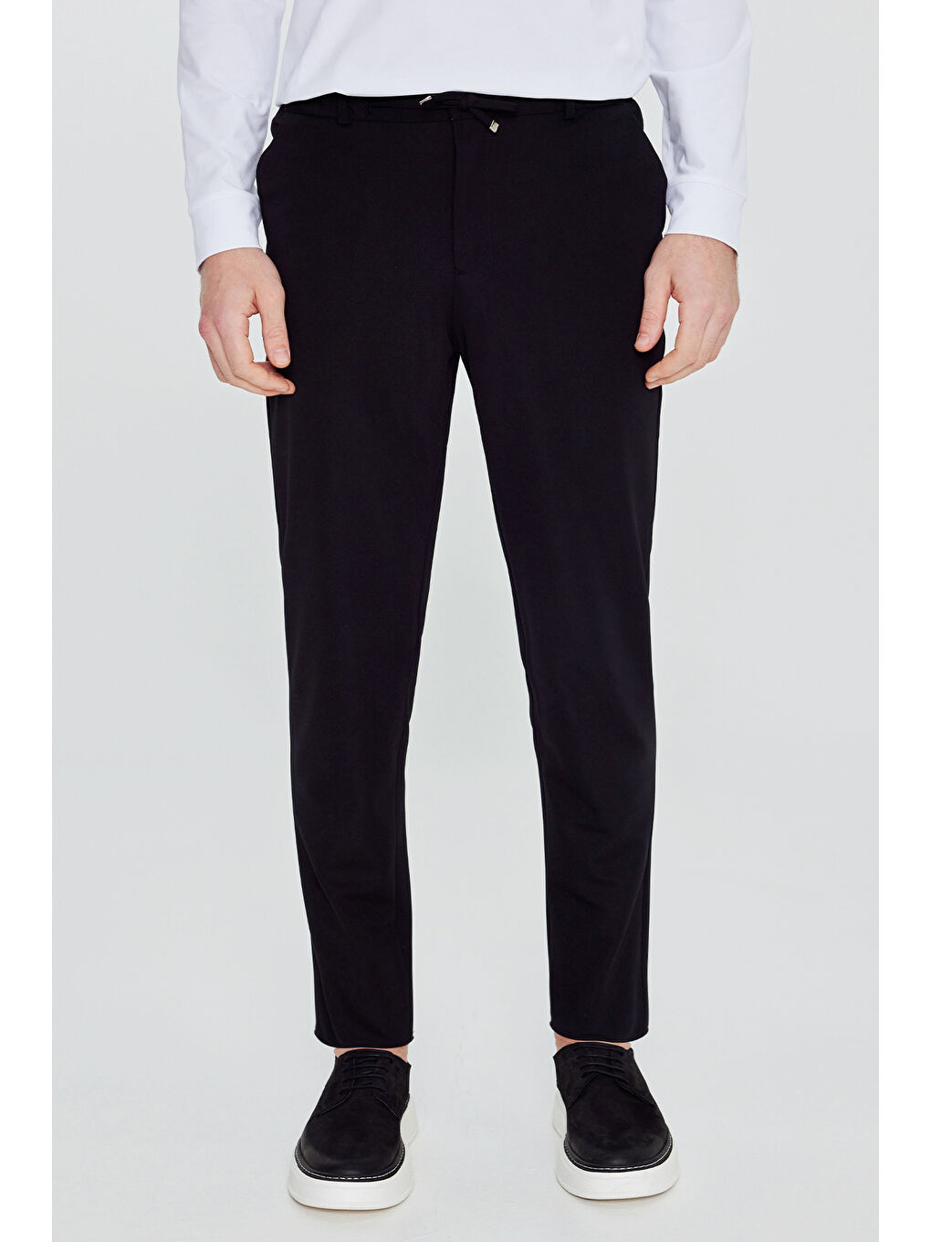 Erkek Siyah Slim Fit Dar Kesim Beli Bağlamalı Yan Cepli Casual Jogger Pantolon-1