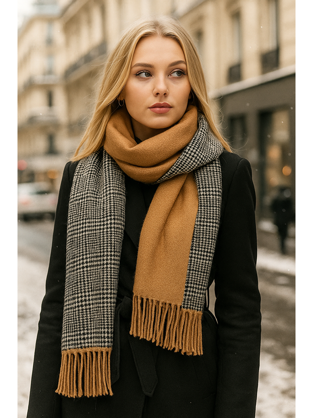 Kahverengi Kadın Camel Çift Taraflı Kazayağı Desenli Atkı - Şal 70x185 Cm Sal1212-1