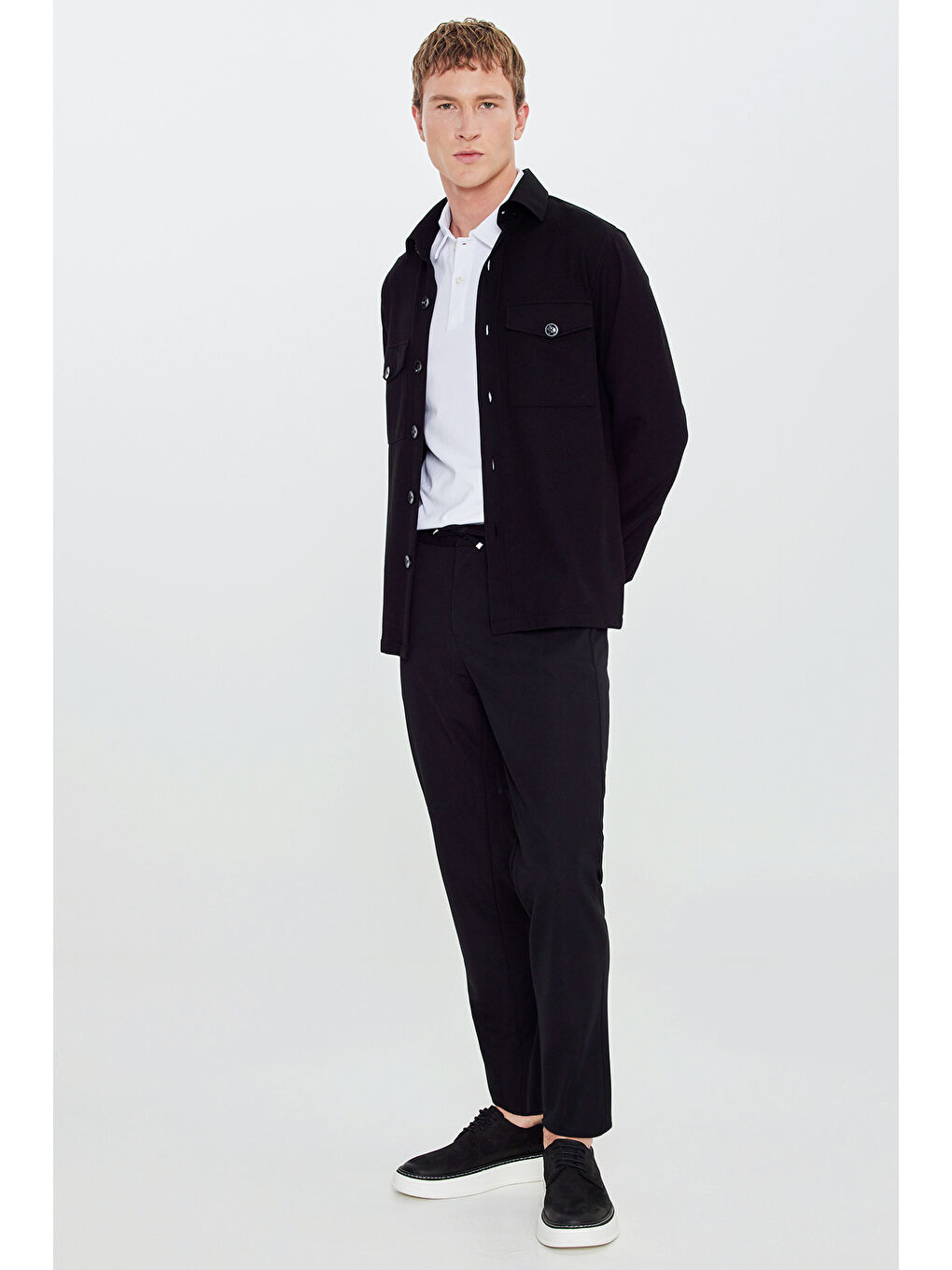 Erkek Siyah Slim Fit Dar Kesim Beli Bağlamalı Yan Cepli Casual Jogger Pantolon-2