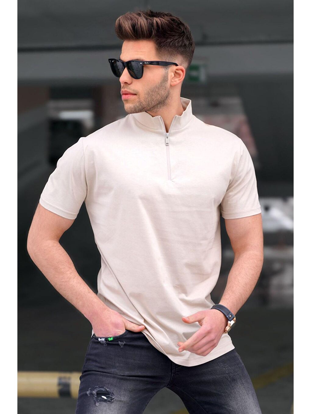 Bej Yarım Balıkçı Erkek Tişört 5282