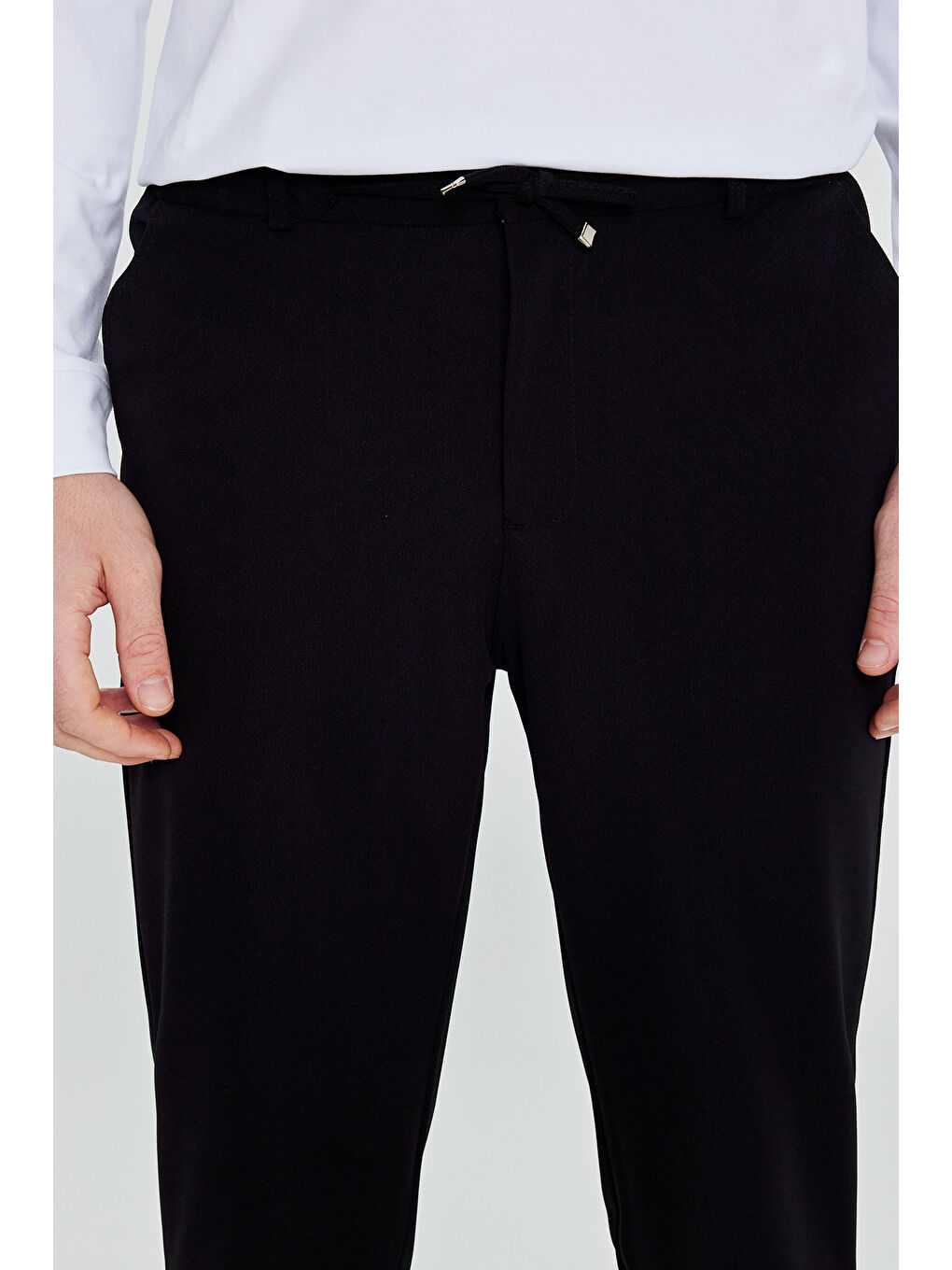 Erkek Siyah Slim Fit Dar Kesim Beli Bağlamalı Yan Cepli Casual Jogger Pantolon-3