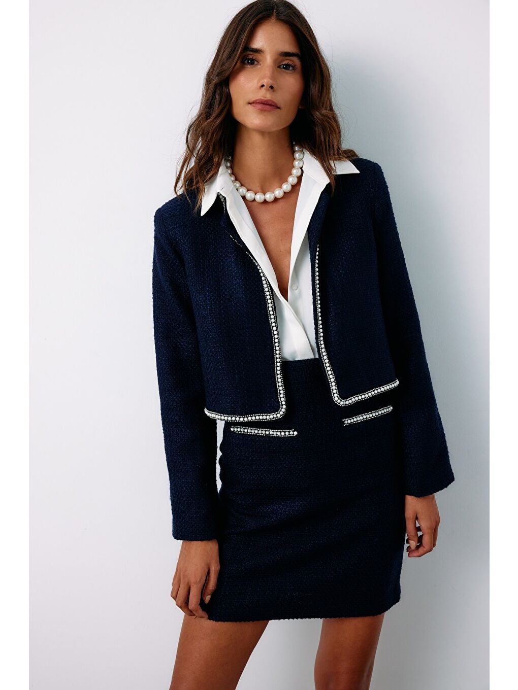Aksesuar Detaylı Tüvit Ceket - Lacivert