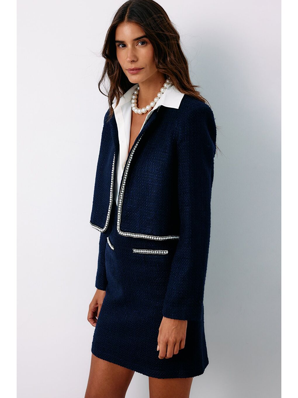 Aksesuar Detaylı Tüvit Ceket - Lacivert-3