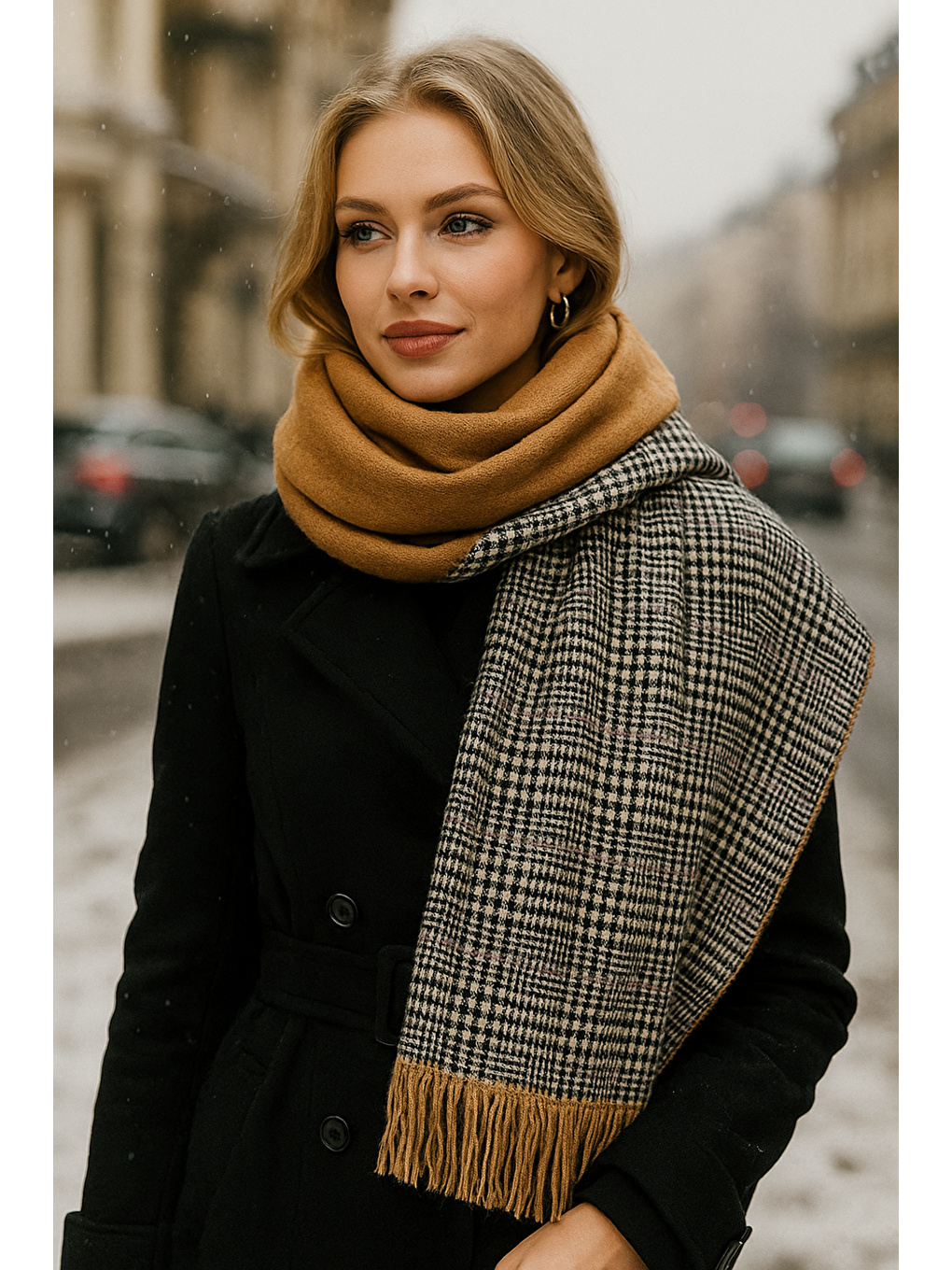 Kahverengi Kadın Camel Çift Taraflı Kazayağı Desenli Atkı - Şal 70x185 Cm Sal1212-2