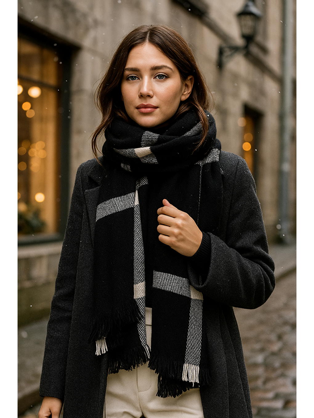 Kadın Siyah Desenli Atkı - Şal 70x180 SAL1234-1