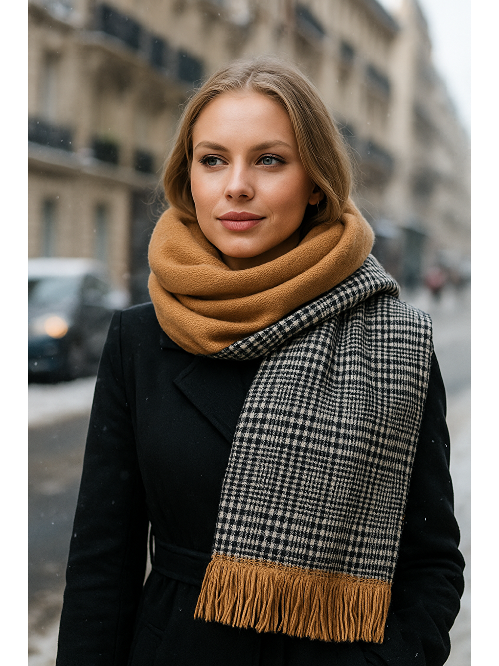 Kahverengi Kadın Camel Çift Taraflı Kazayağı Desenli Atkı - Şal 70x185 Cm Sal1212-3