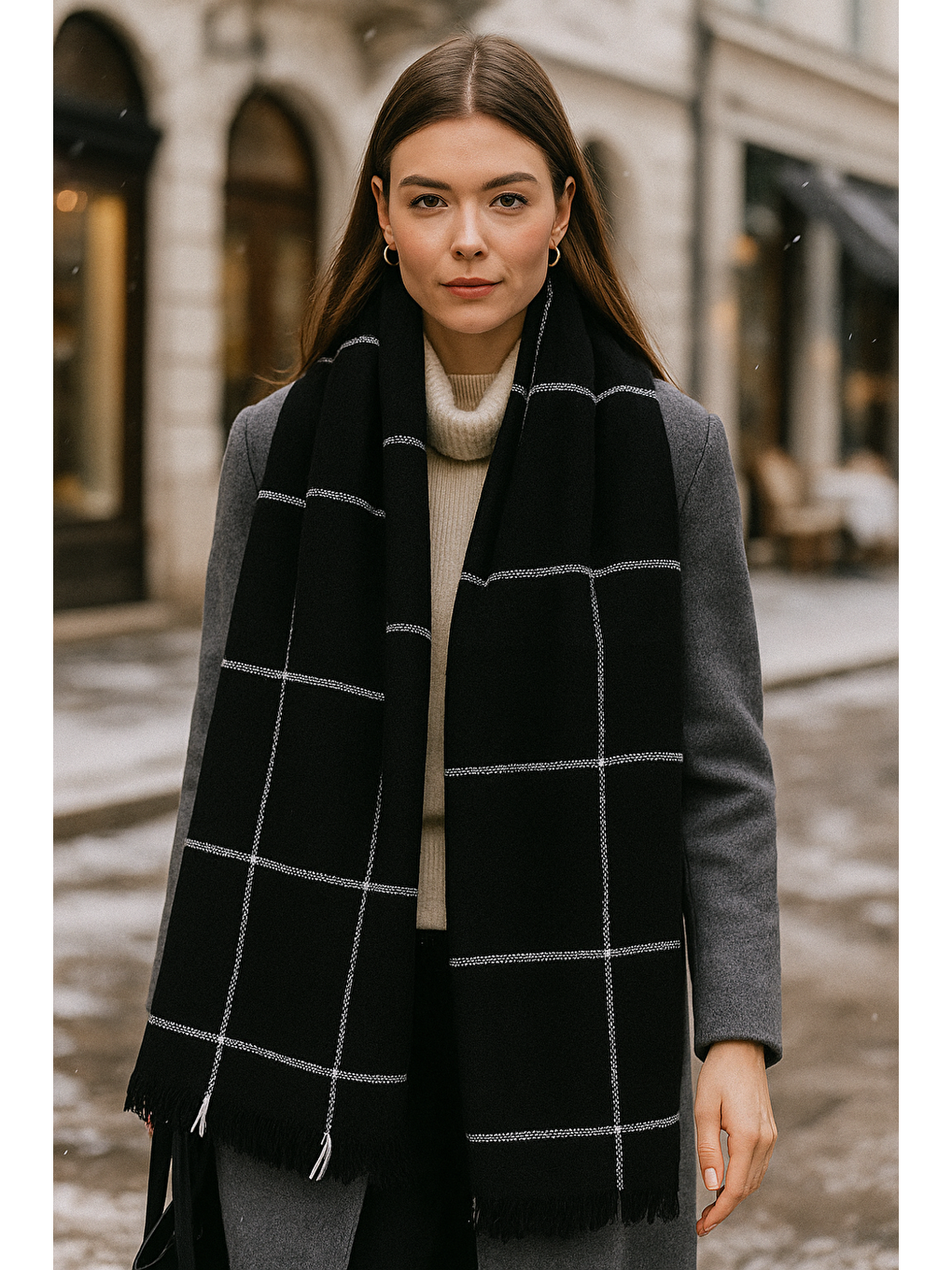 Kadın Siyah Kare Desenli Atkı - Şal 70x180 Cm Sal1210-1