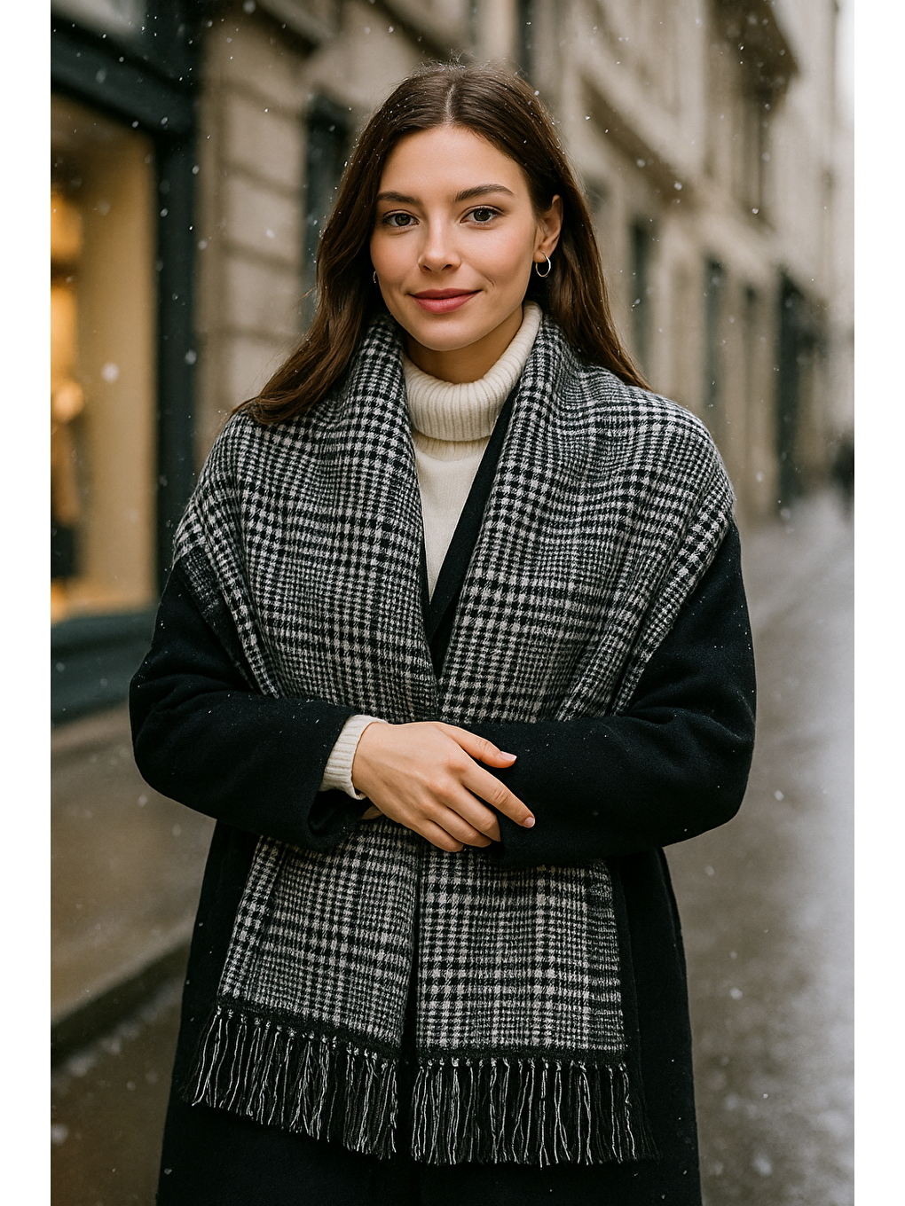 Kadın Siyah Çift Taraflı Kazayağı Desenli Atkı - Şal 70x185 Cm Sal1212-1