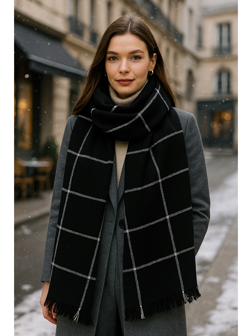 Kadın Siyah Kare Desenli Atkı - Şal 70x180 Cm Sal1210-2
