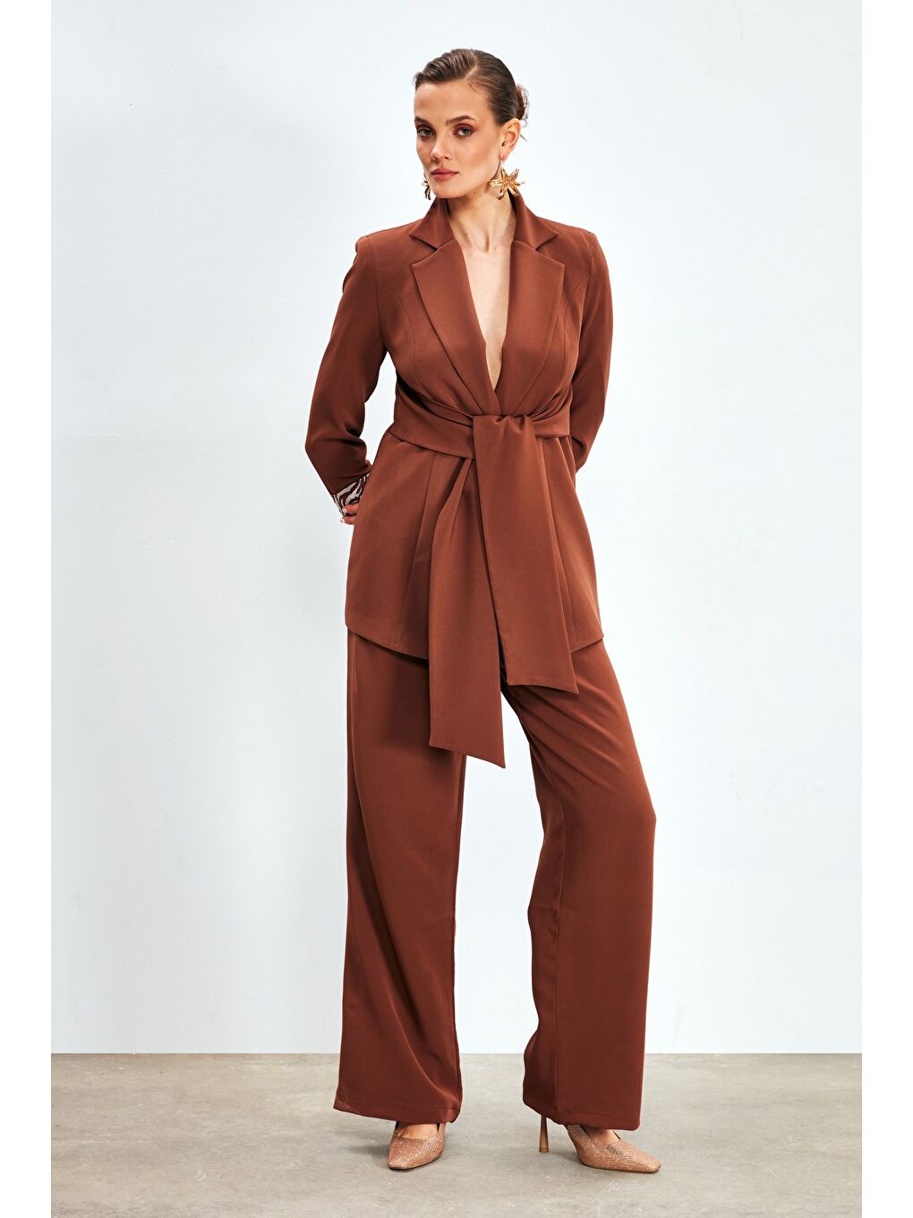 Kahverengi Bel Bağlamalı Uzun Ceket - Kahve-3