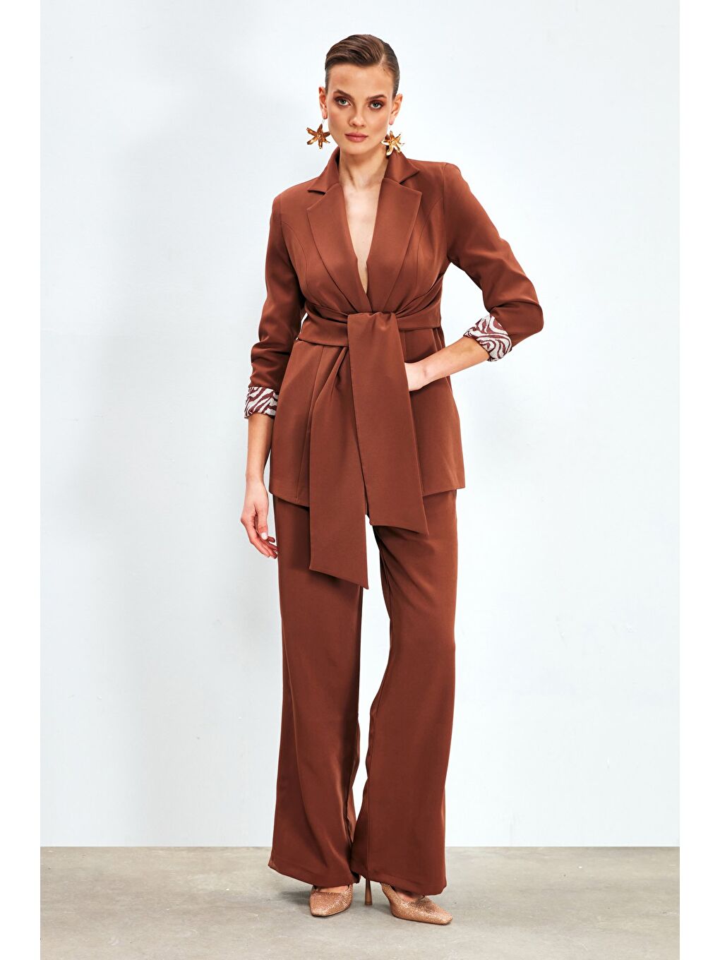 Kahverengi Bel Bağlamalı Uzun Ceket - Kahve-5