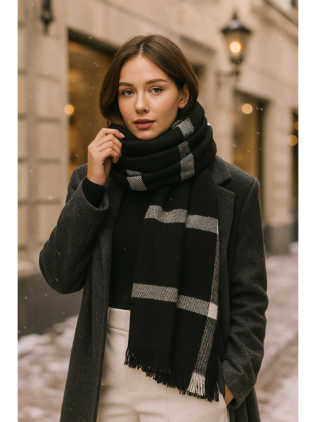 Kadın Siyah Desenli Atkı - Şal 70x180 SAL1234-2