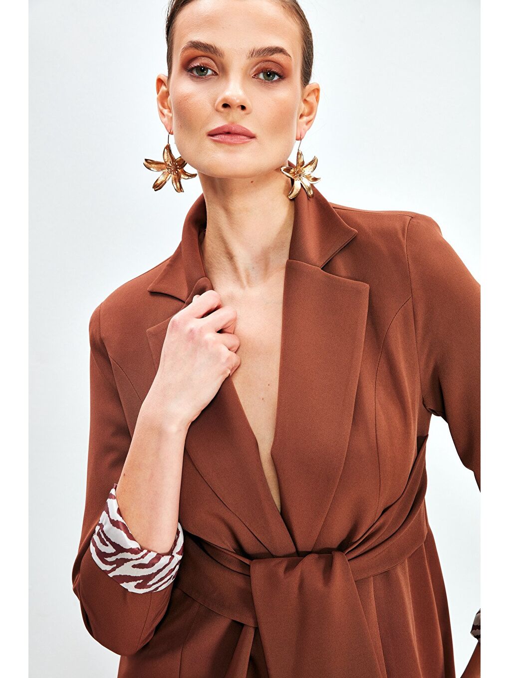 Kahverengi Bel Bağlamalı Uzun Ceket - Kahve-6