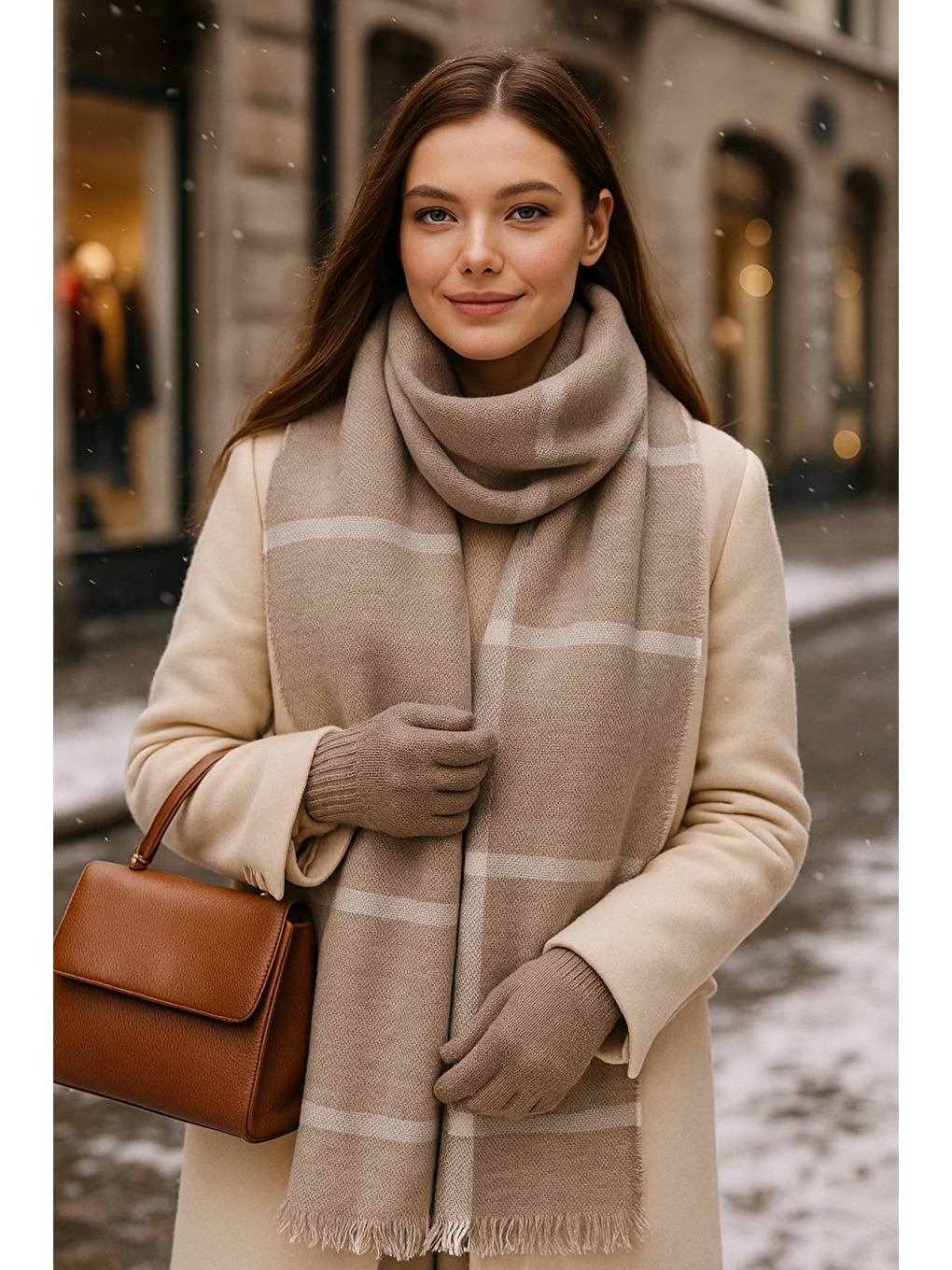 Bej Kadın Vizon Kare Desenli Atkı - Şal 70x180 Cm Sal1210-1