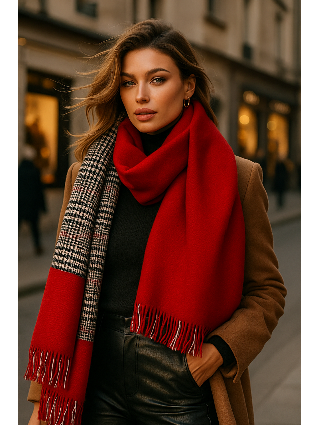 Kadın Kırmızı Çift Taraflı Kazayağı Desenli Atkı - Şal 70x185 Cm Sal1212