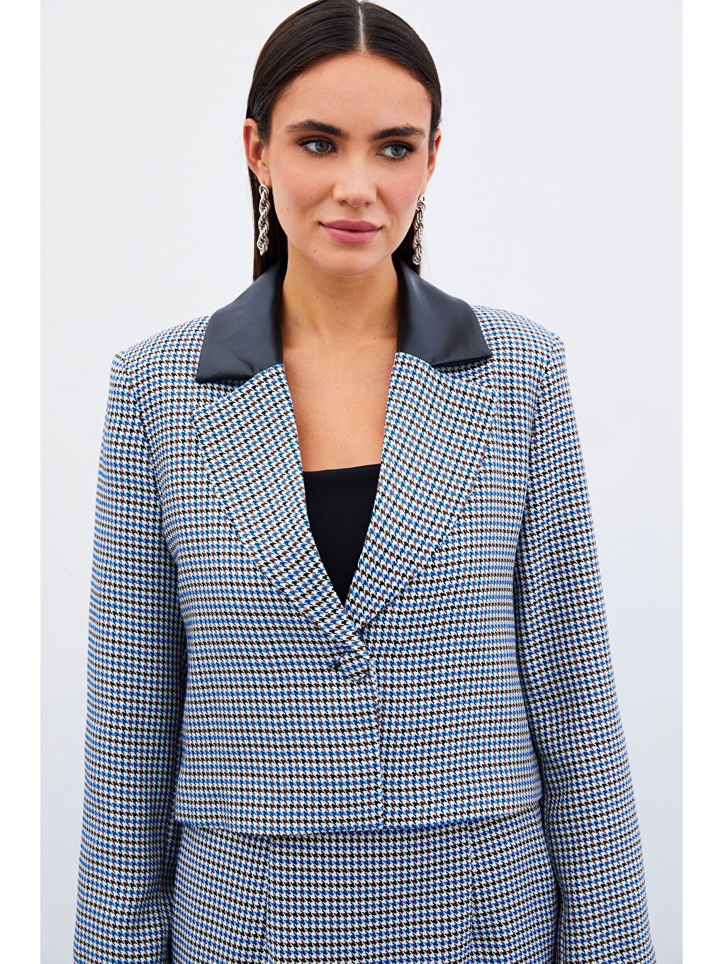 SATEEN Kazayağı Crop Ceket - Mavi