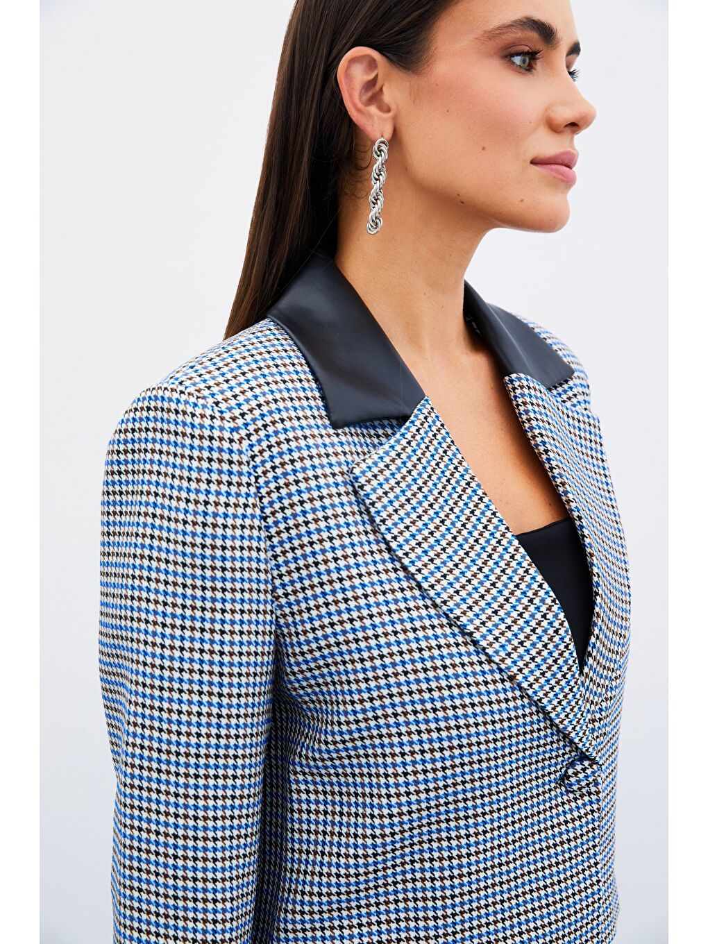 SATEEN Kazayağı Crop Ceket - Mavi - 1