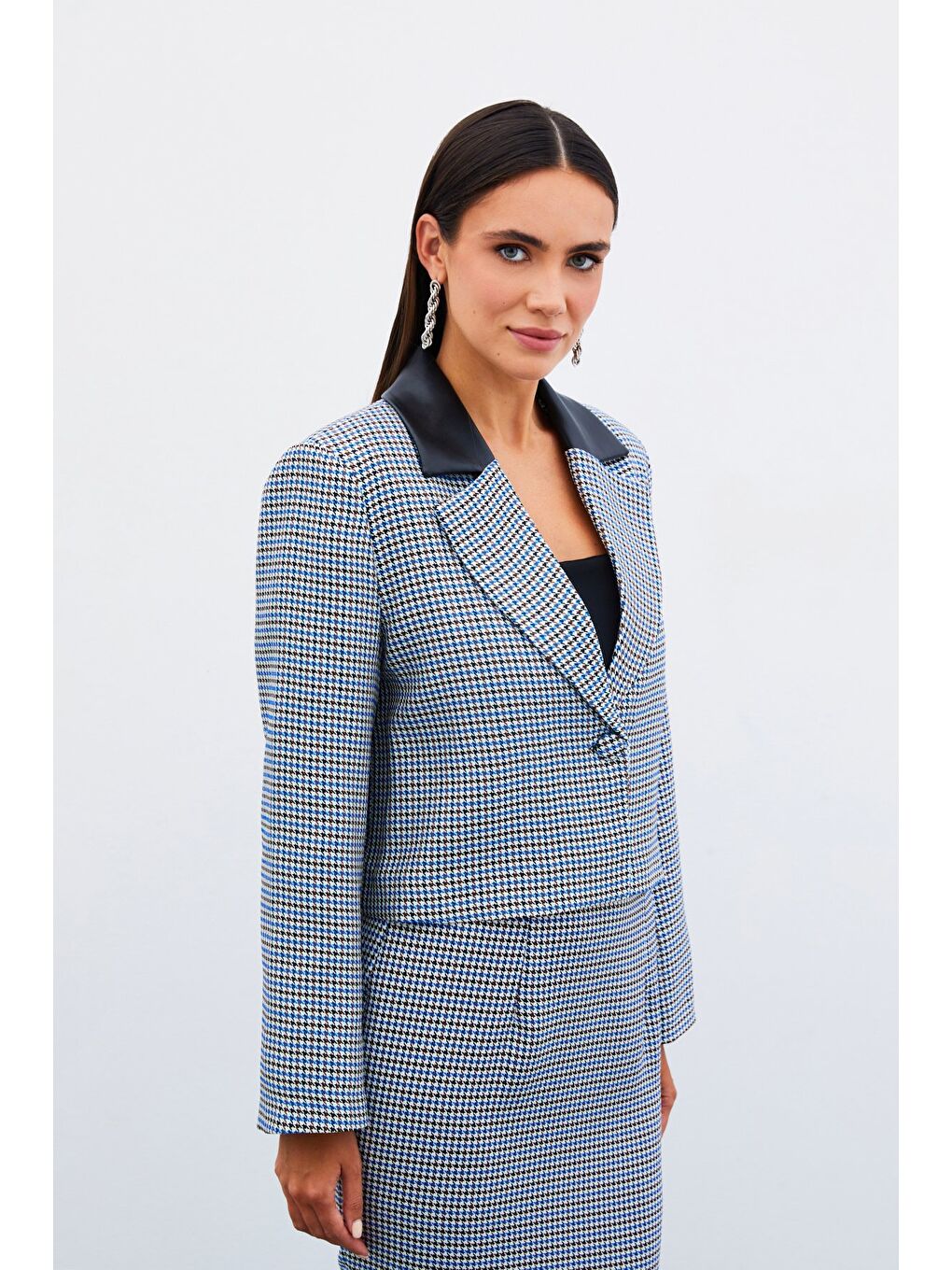 SATEEN Kazayağı Crop Ceket - Mavi - 3