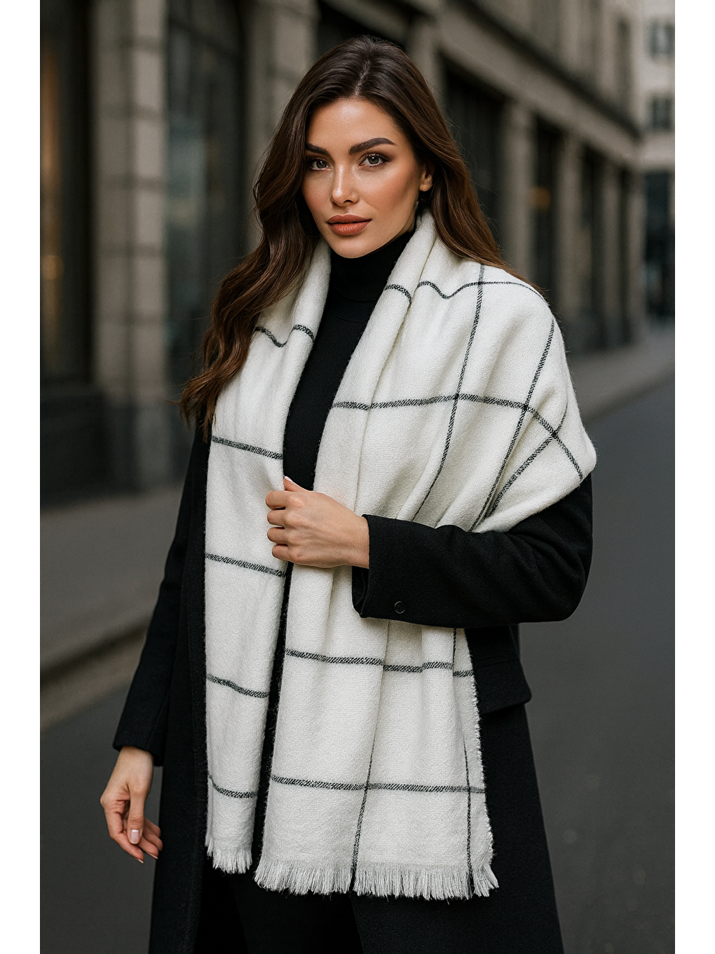 Kadın Ekru Kare Desenli Atkı - Şal 70x180 Cm Sal1210-1