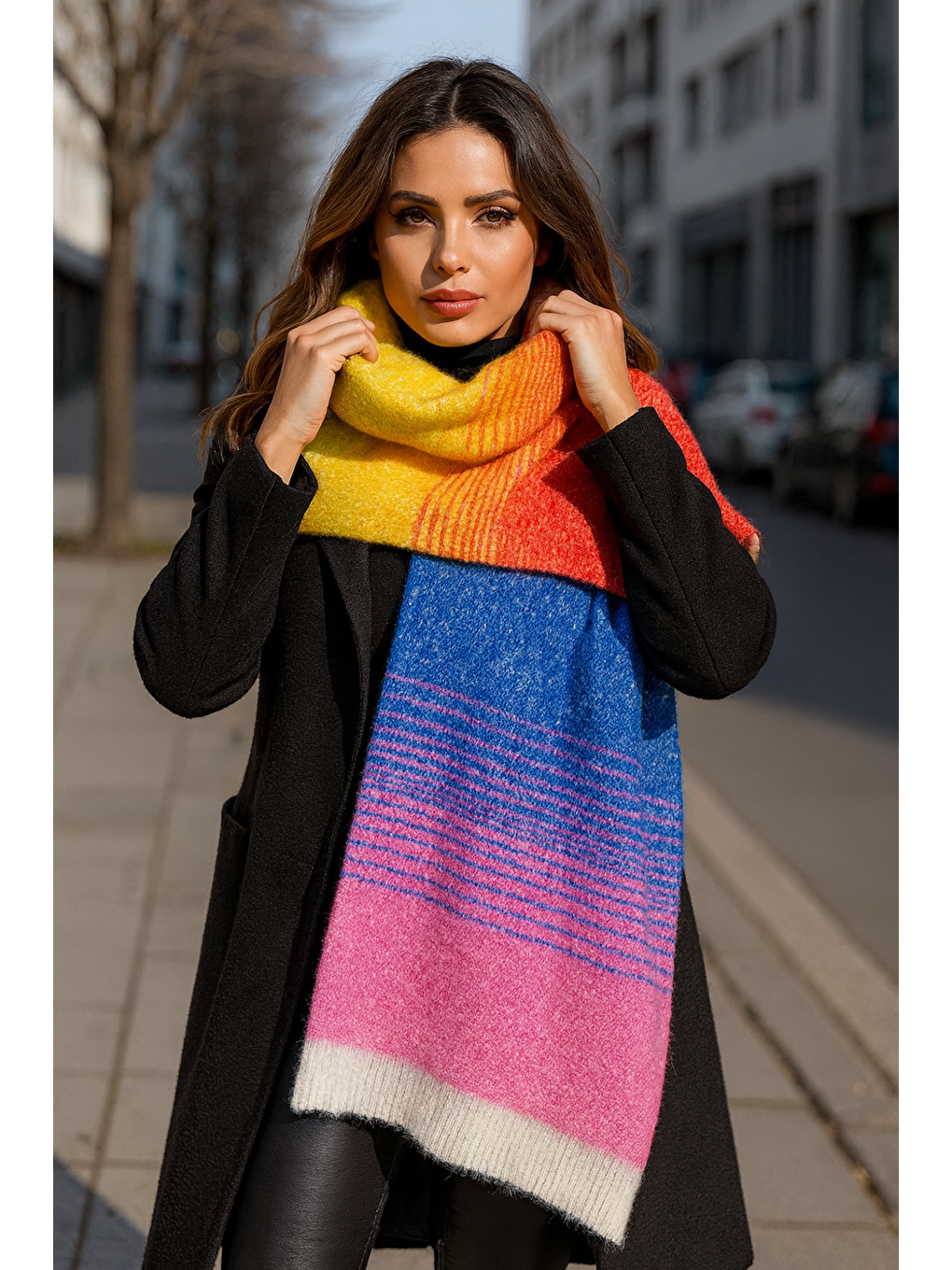 Sarı Kadın Çok Renkli Casual Atkı Şal 67x197 Cm Sal1288-5