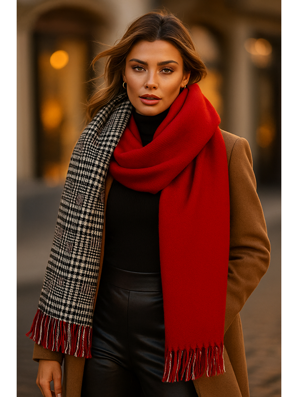 Kadın Kırmızı Çift Taraflı Kazayağı Desenli Atkı - Şal 70x185 Cm Sal1212-1