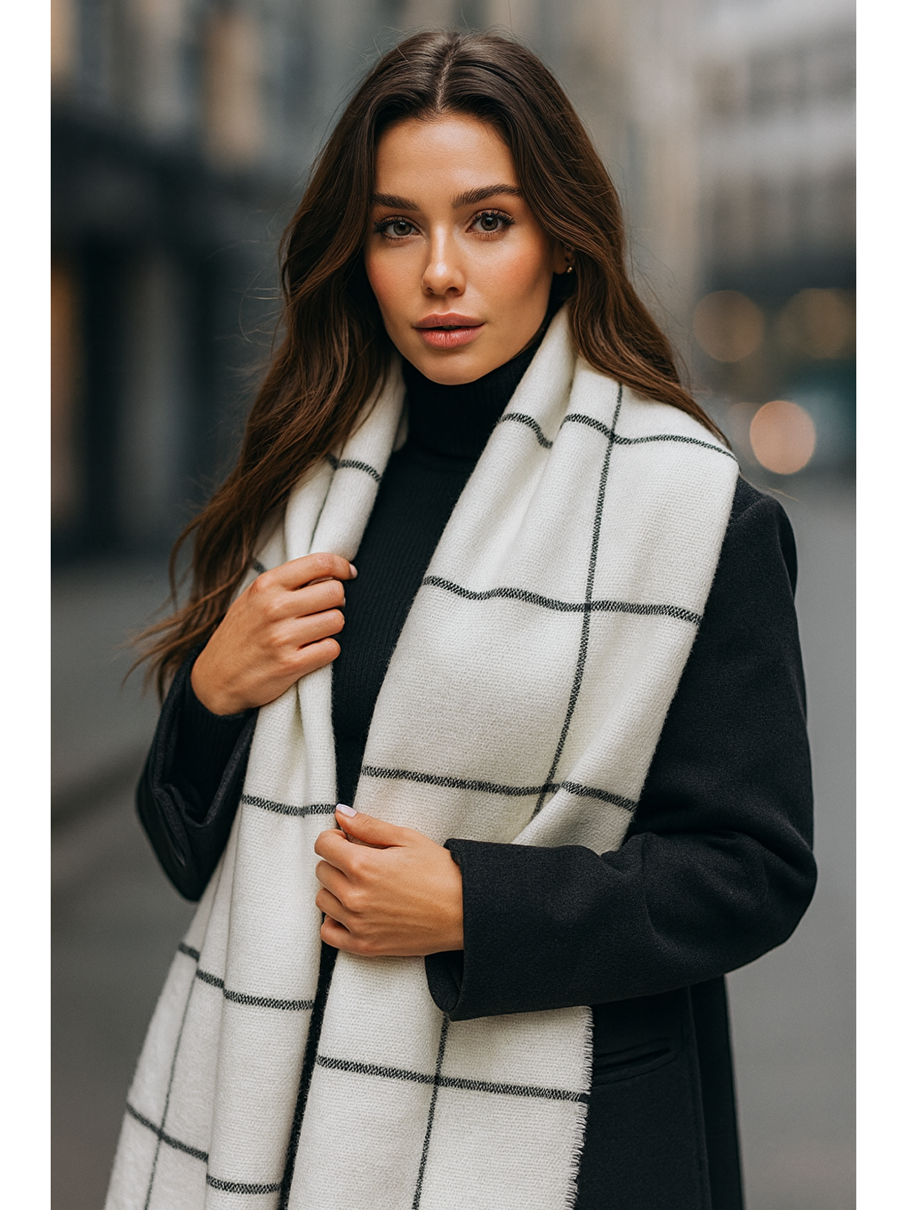 Kadın Ekru Kare Desenli Atkı - Şal 70x180 Cm Sal1210-2