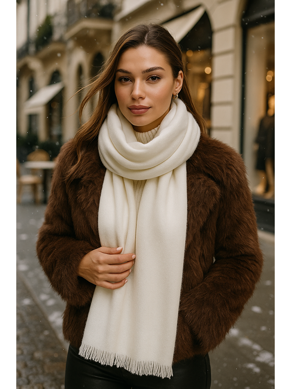 Unisex Ekru Yumuşak Dokulu Kalın Atkı - Şal 70x180 Cm Sal1206-1