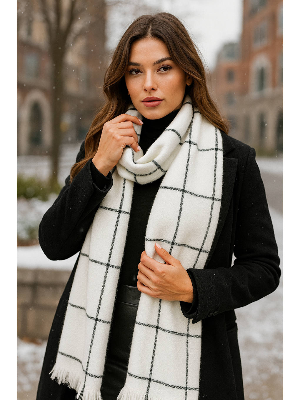 Kadın Ekru Kare Desenli Atkı - Şal 70x180 Cm Sal1210-3