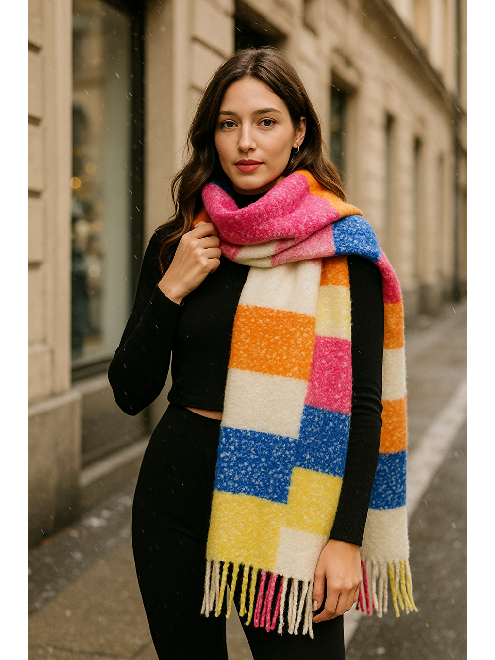 Kadın Fuşya Püsküllü Buklet Atkı - Şal 40x250 Cm Sal1256-3