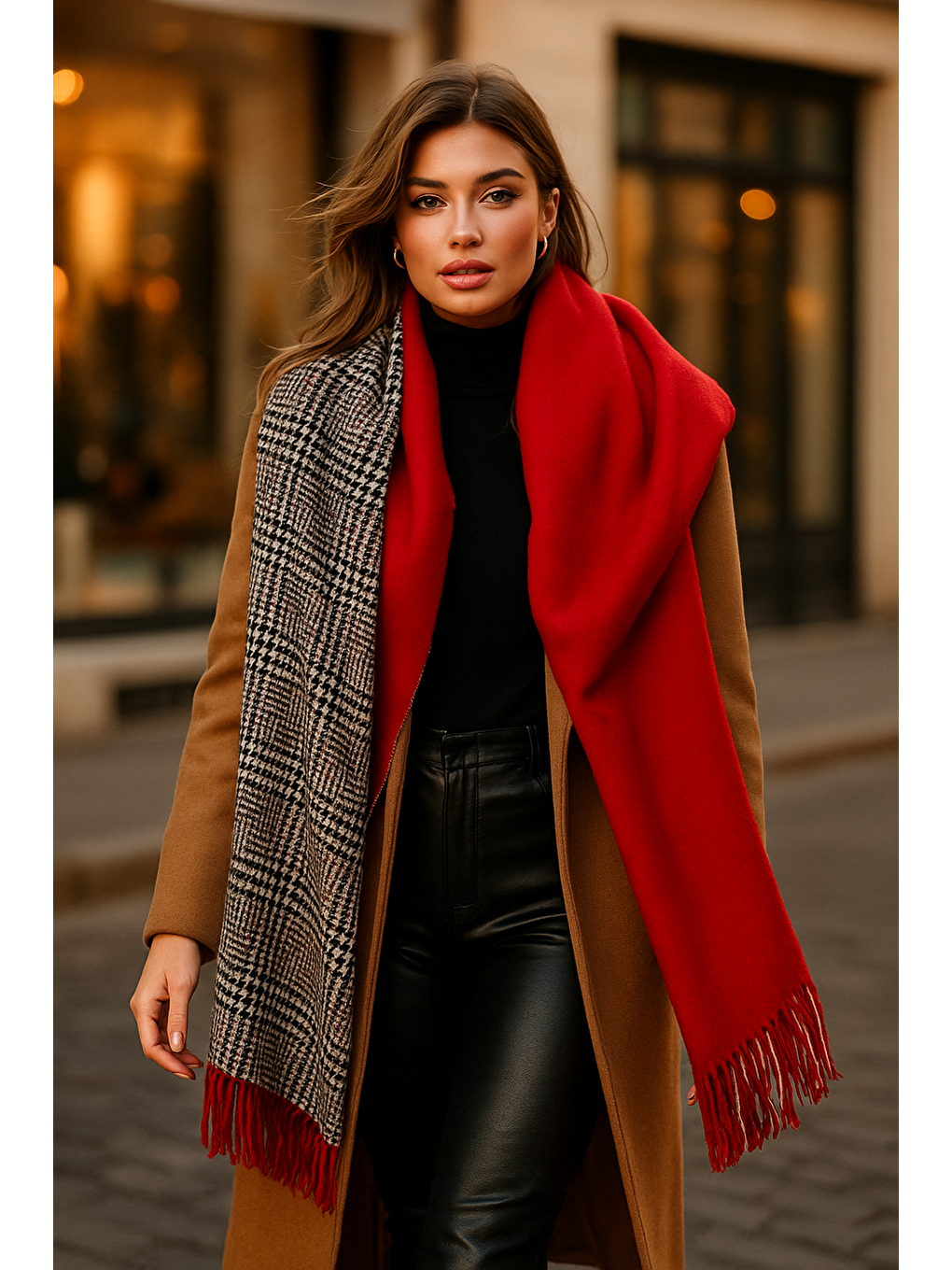 Kadın Kırmızı Çift Taraflı Kazayağı Desenli Atkı - Şal 70x185 Cm Sal1212-2