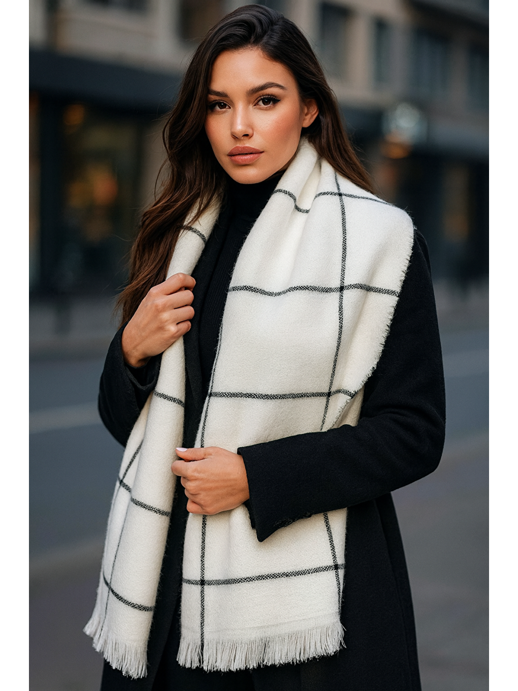 Kadın Ekru Kare Desenli Atkı - Şal 70x180 Cm Sal1210-4