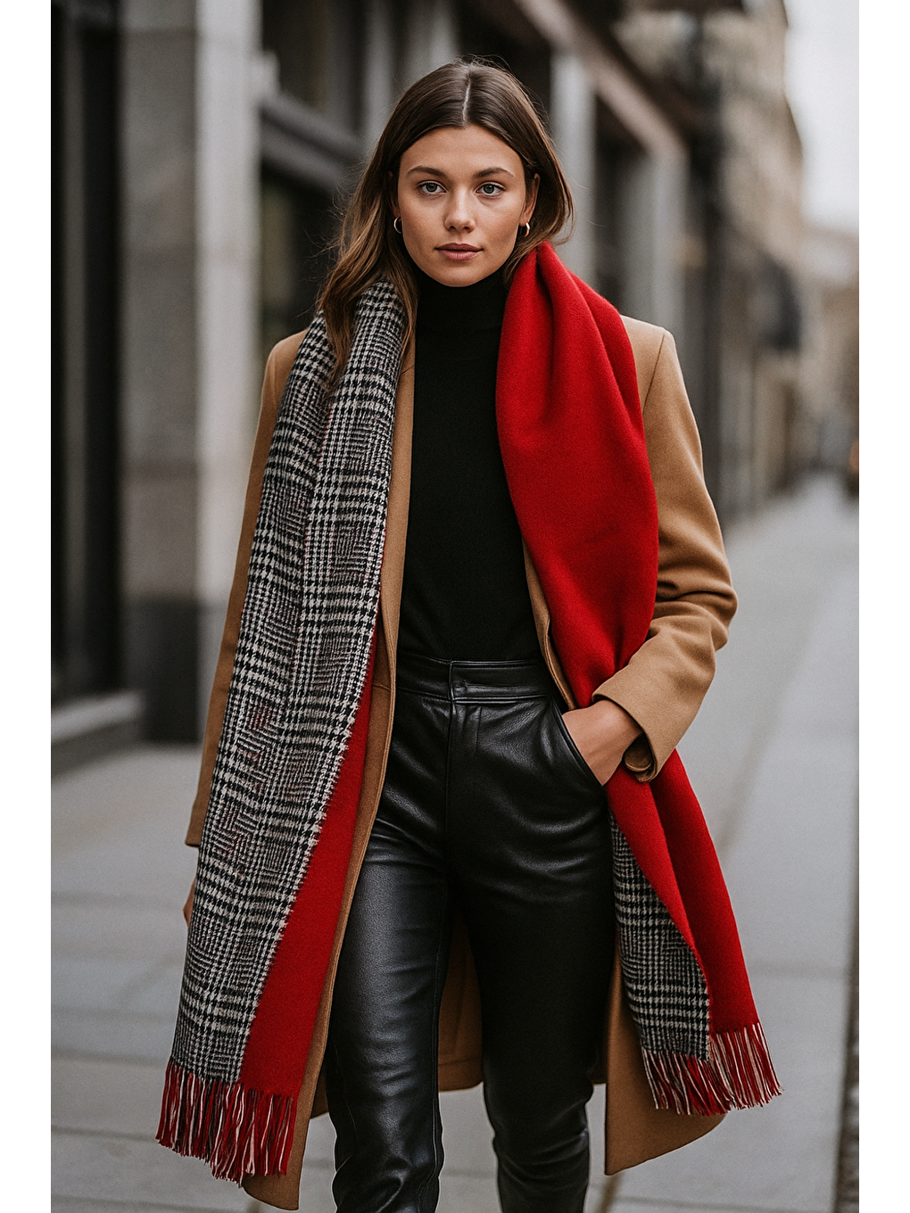 Kadın Kırmızı Çift Taraflı Kazayağı Desenli Atkı - Şal 70x185 Cm Sal1212-3