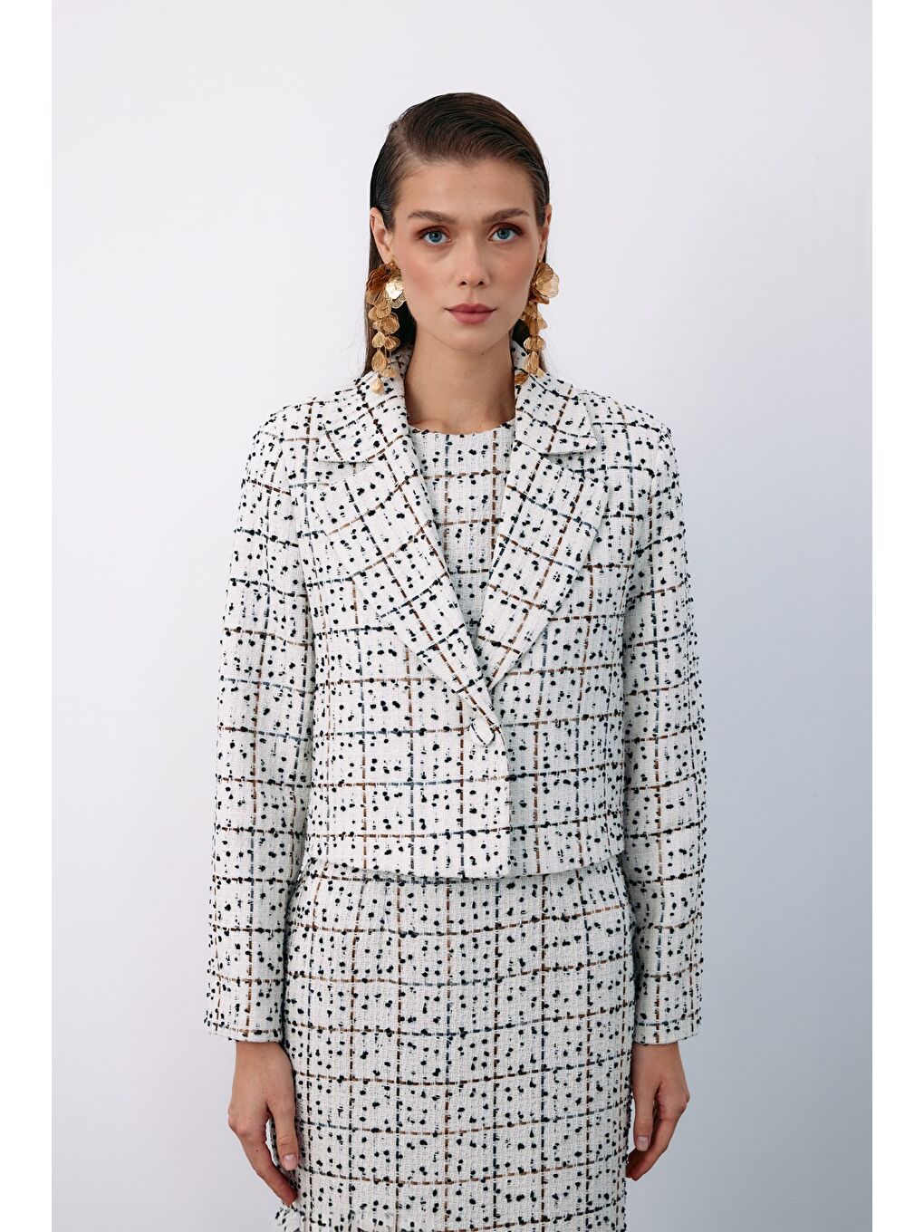 Bej Düğmeli Tüvit Kısa Ceket - Taş-7