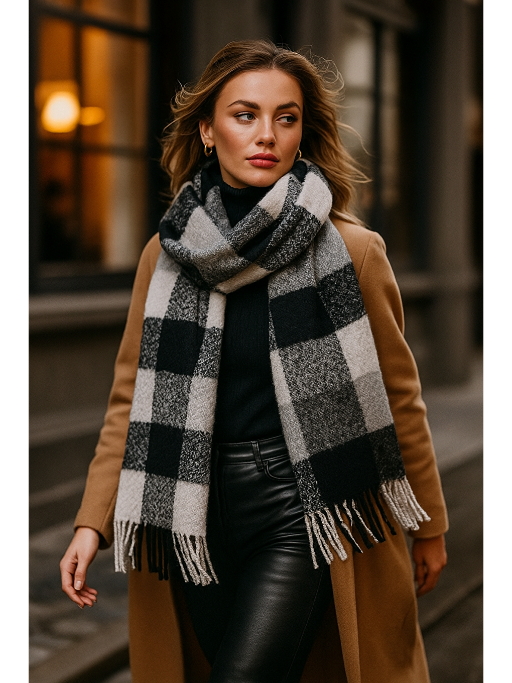 Kadın Siyah Kalın Buklet Şal Atkı 44x195 cm SAL1283-2