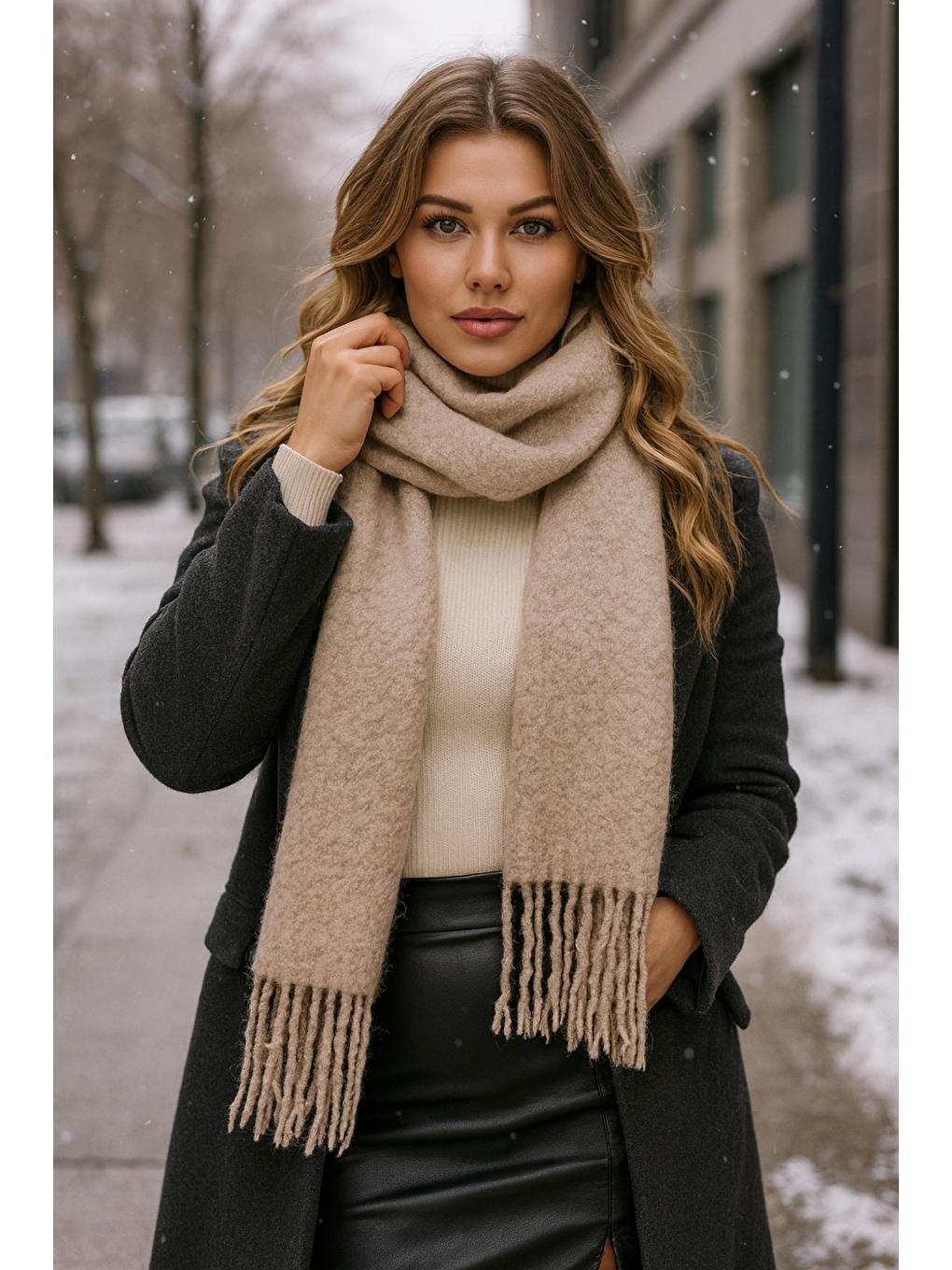 Bej Kadın Vizon Püsküllü Buklet Atkı Şal Sal1257 40x210cm-1