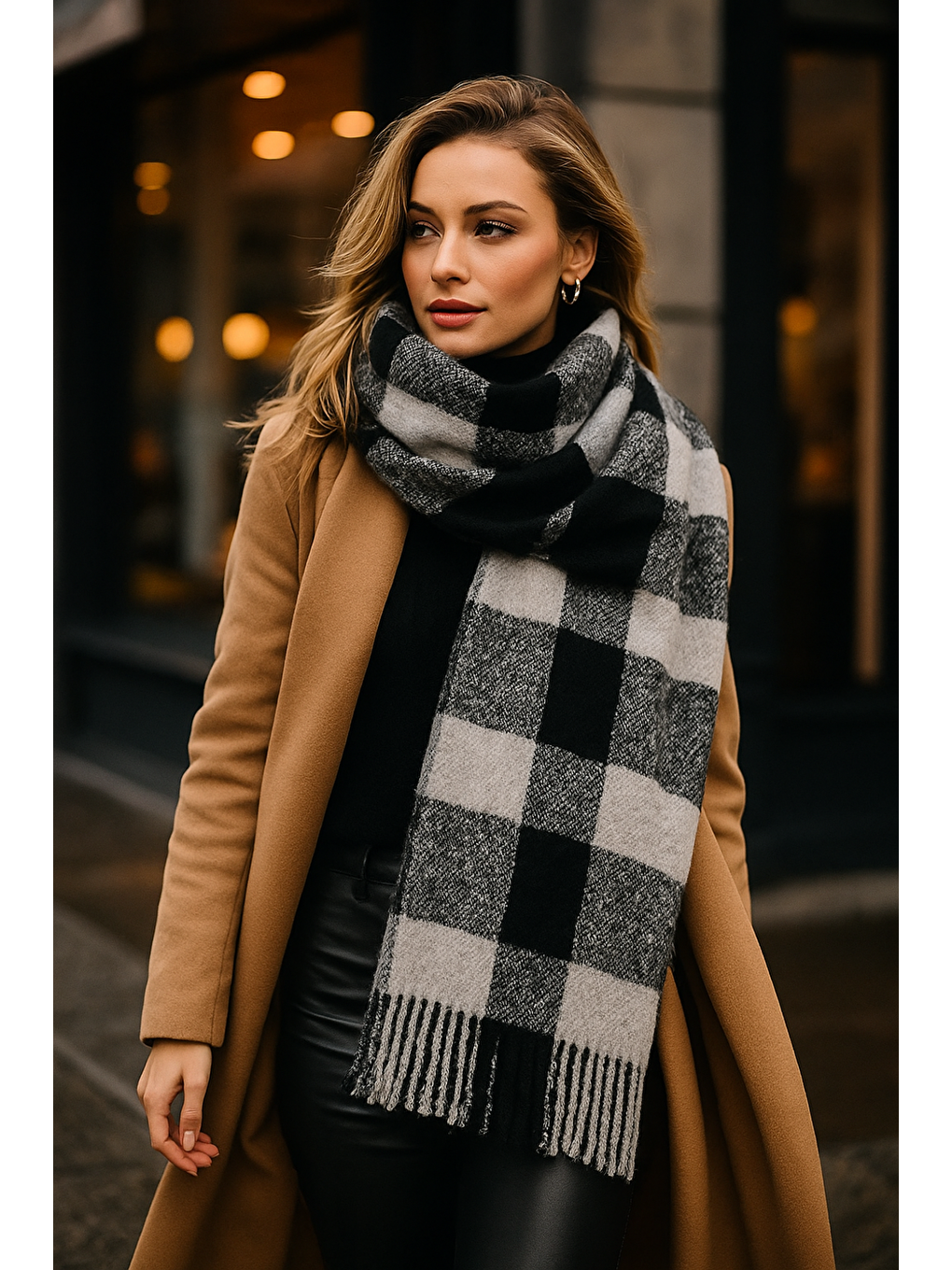 Kadın Siyah Kalın Buklet Şal Atkı 44x195 cm SAL1283-3