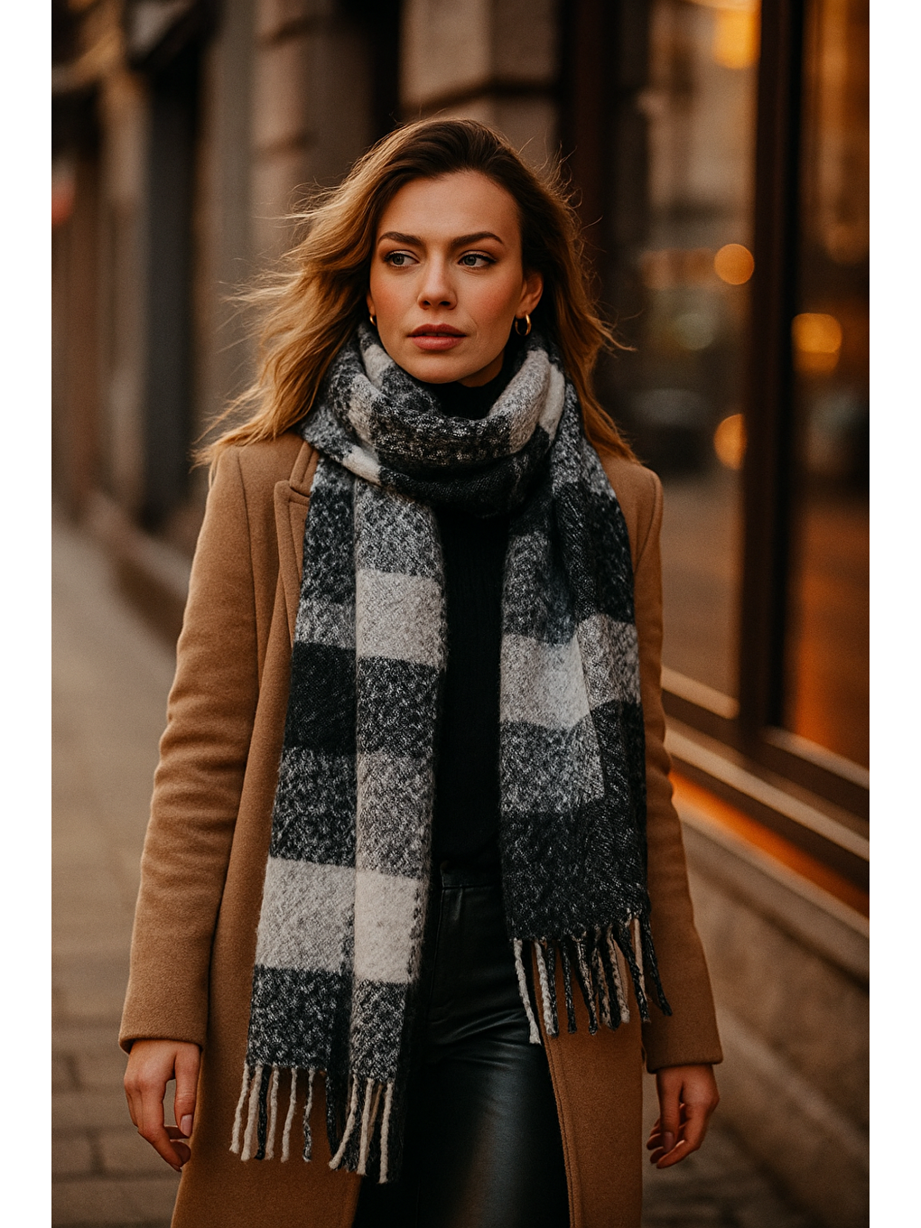 Kadın Siyah Kalın Buklet Şal Atkı 44x195 cm SAL1283-4