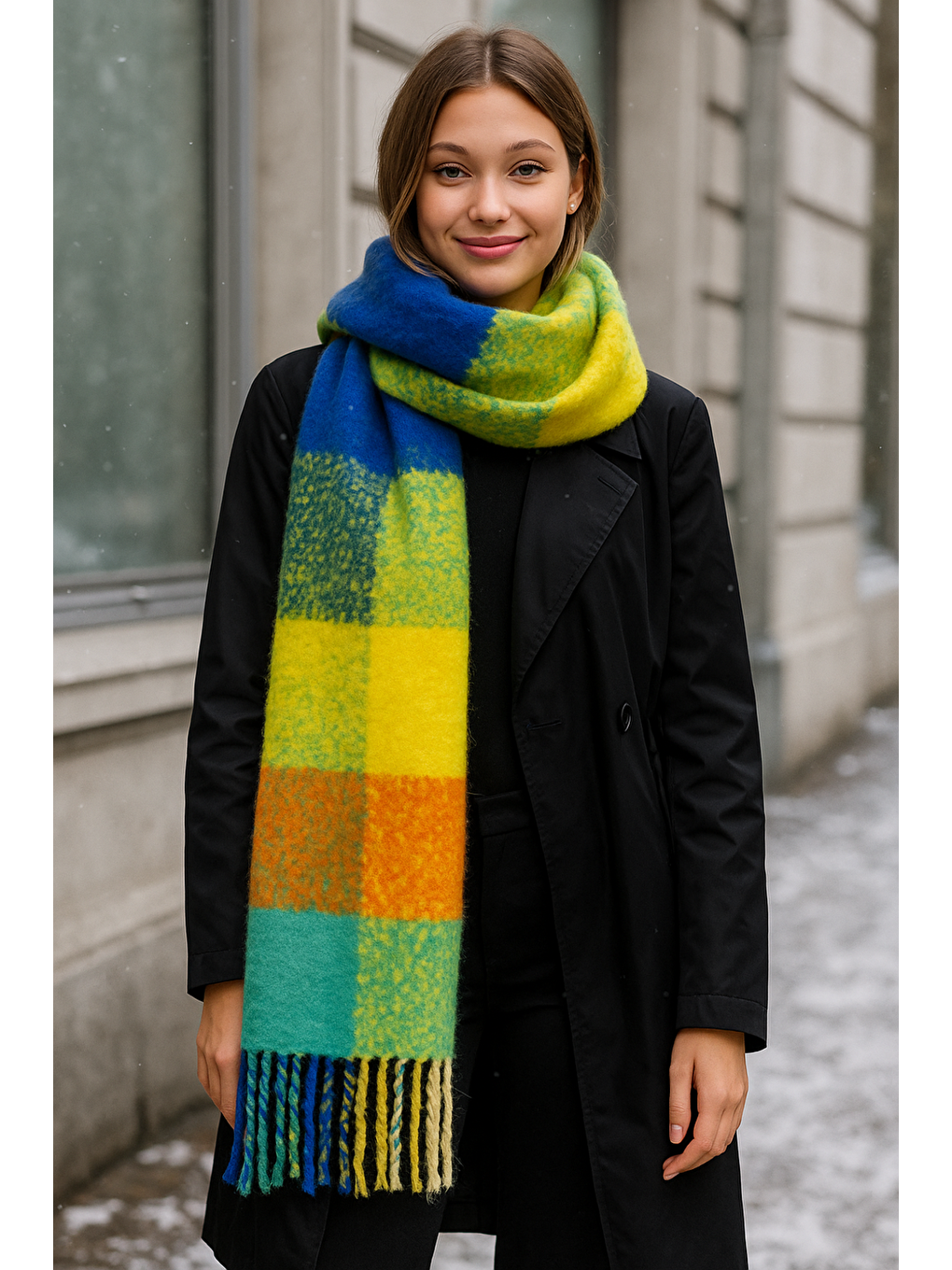 Turuncu Kadın Renkli Püsküllü Buklet Atkı - Şal 40x250 Cm Sal1256-1