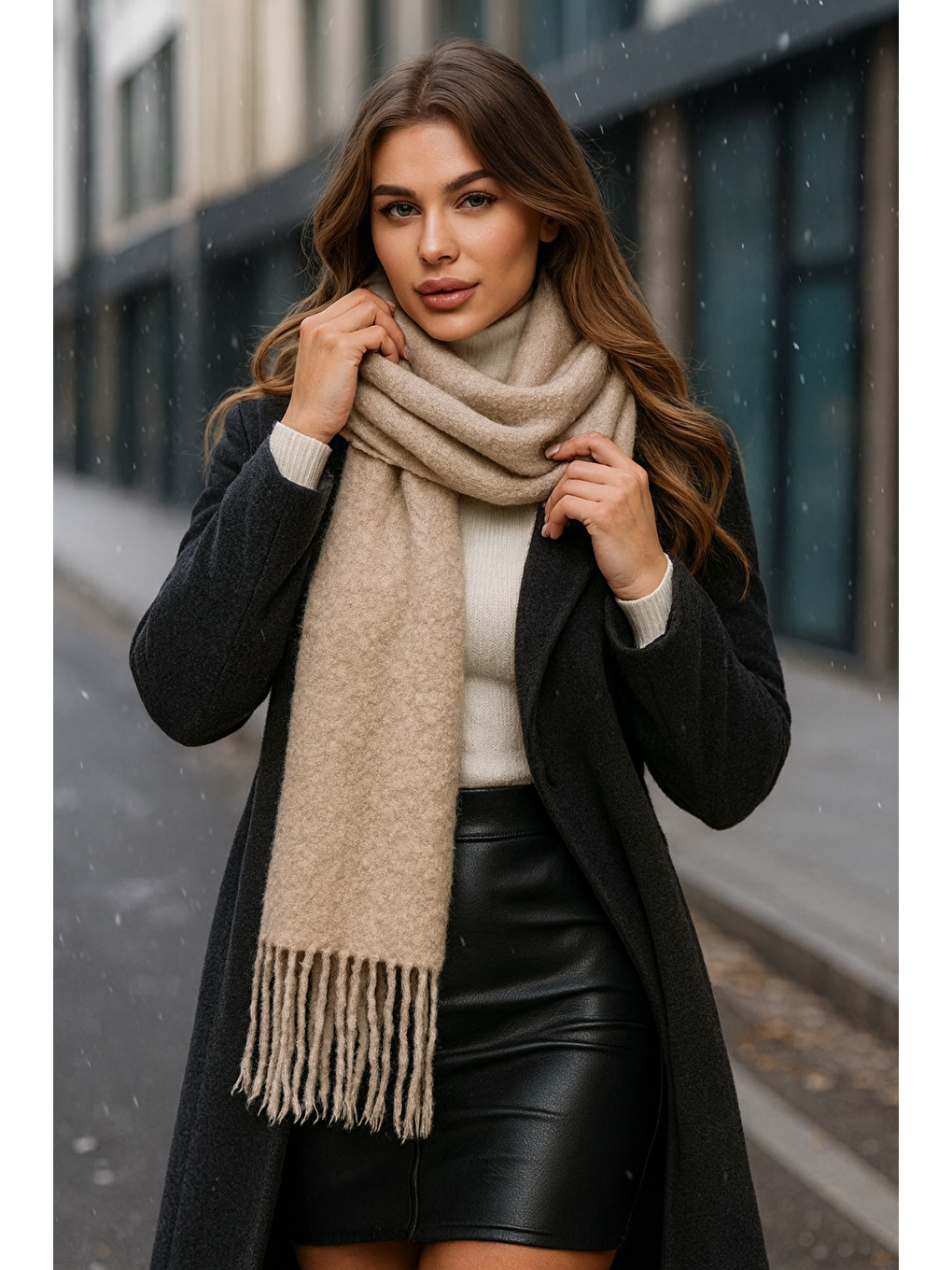 Bej Kadın Vizon Püsküllü Buklet Atkı Şal Sal1257 40x210cm-2