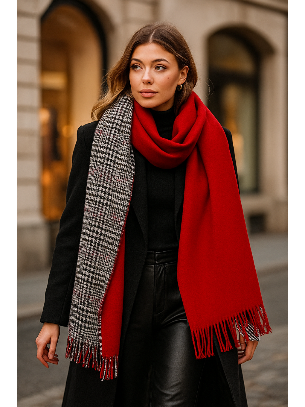 Kadın Kırmızı Çift Taraflı Kazayağı Desenli Atkı - Şal 70x185 Cm Sal1212-4