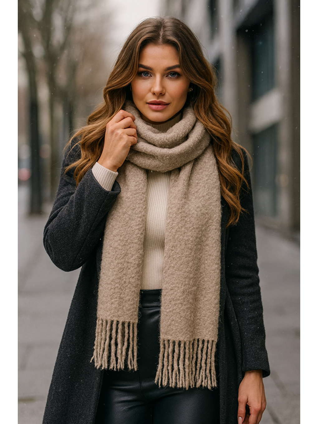 Bej Kadın Vizon Püsküllü Buklet Atkı Şal Sal1257 40x210cm-3
