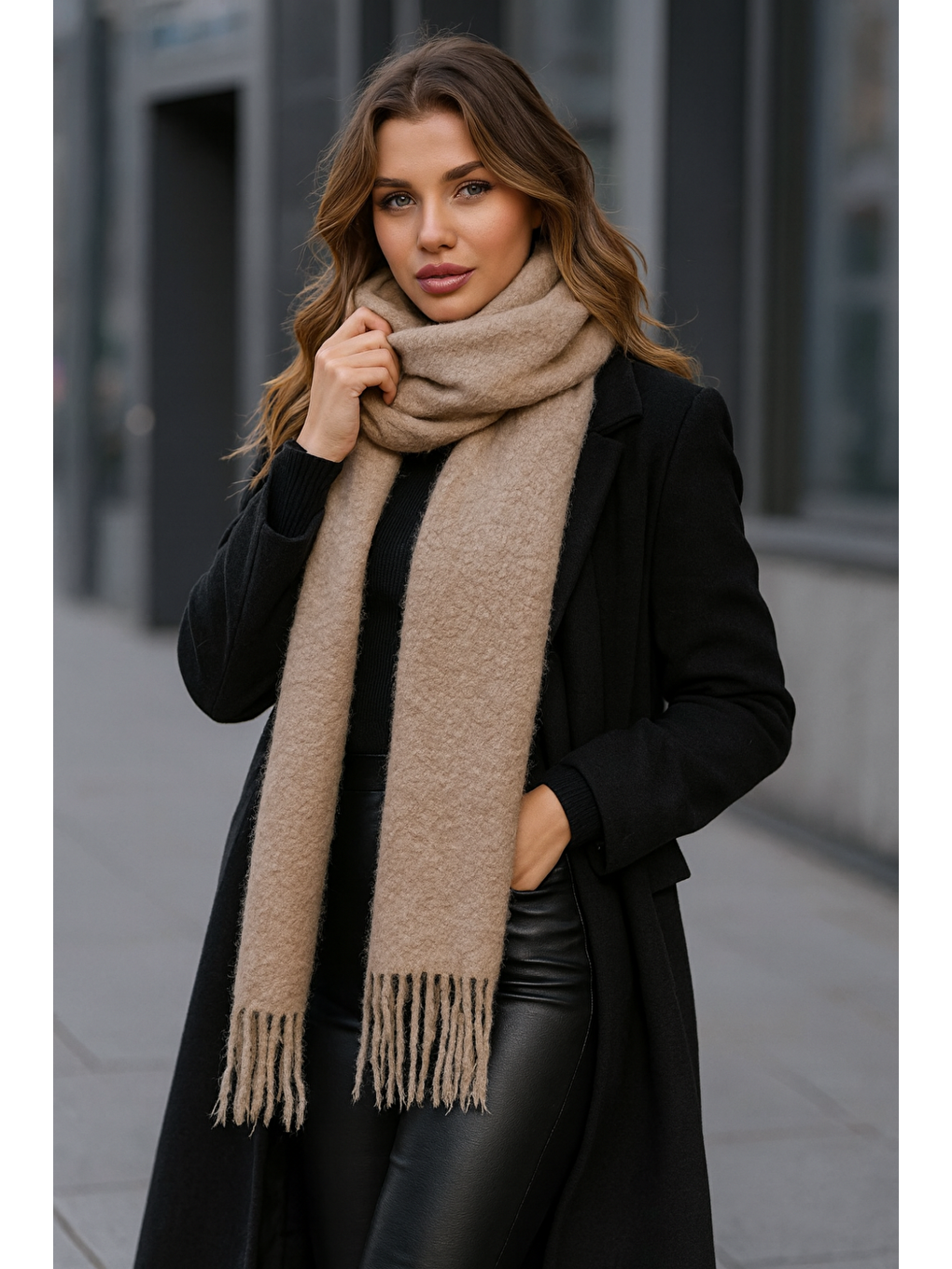 Bej Kadın Vizon Püsküllü Buklet Atkı Şal Sal1257 40x210cm-4