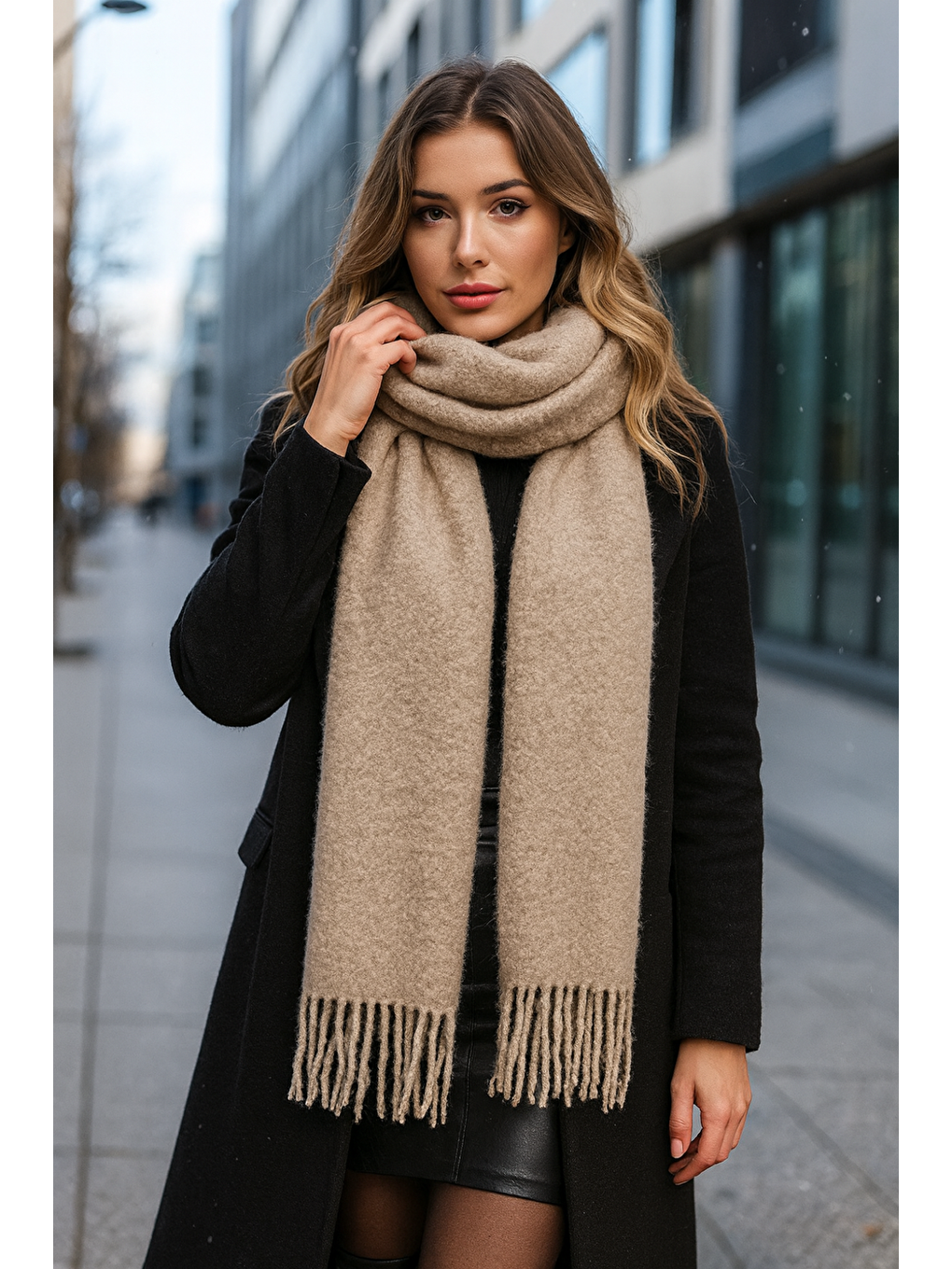 Bej Kadın Vizon Püsküllü Buklet Atkı Şal Sal1257 40x210cm-5