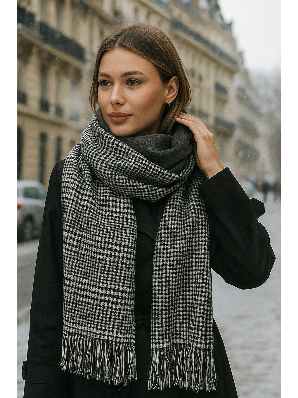 Kadın Antrasit Çift Taraflı Kazayağı Desenli Atkı - Şal 70x185 Cm Sal1212-1